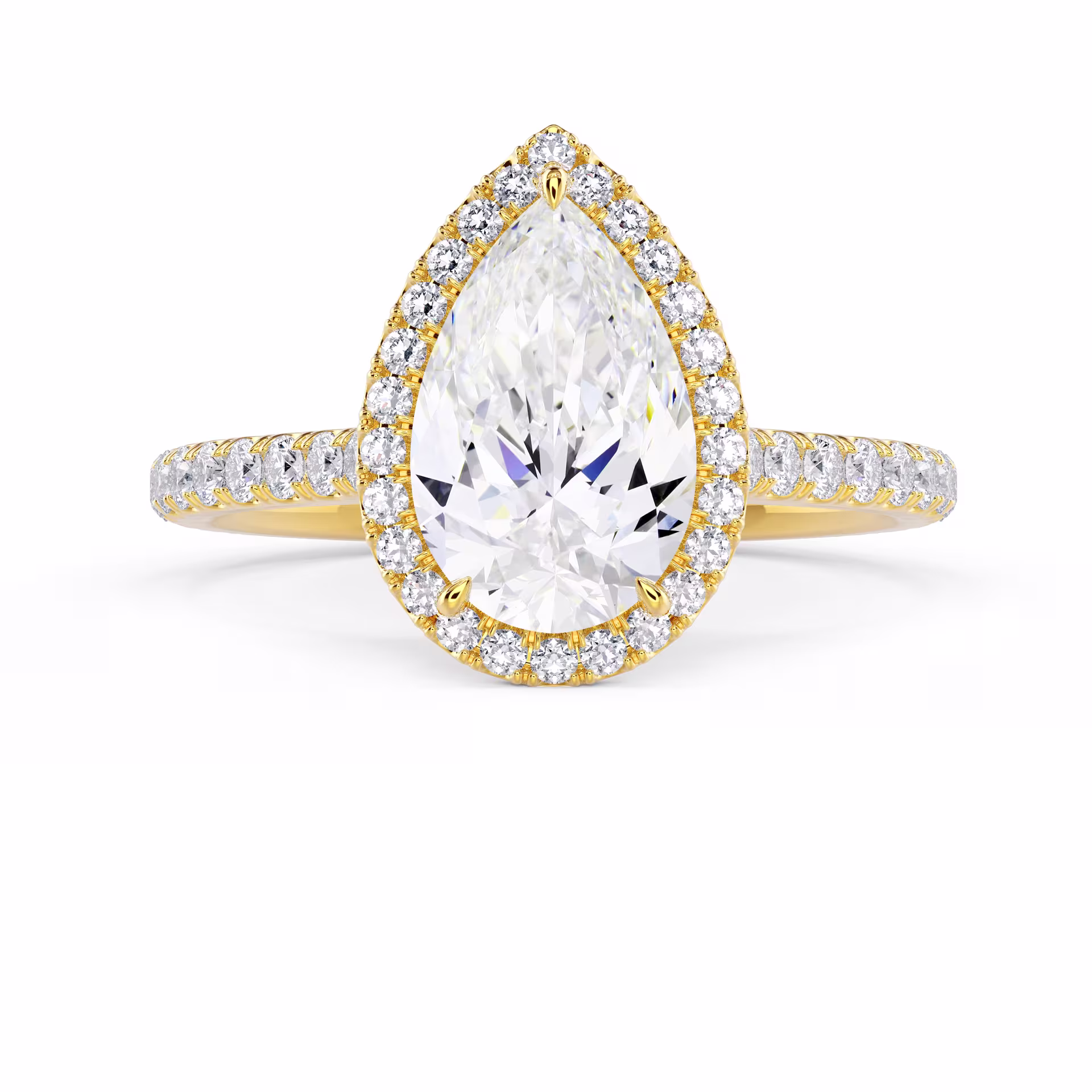 Yellow Gold Pear Halo Pavé Diamond Engagement Ring featuring Hand Selected Diamonds (Main View)