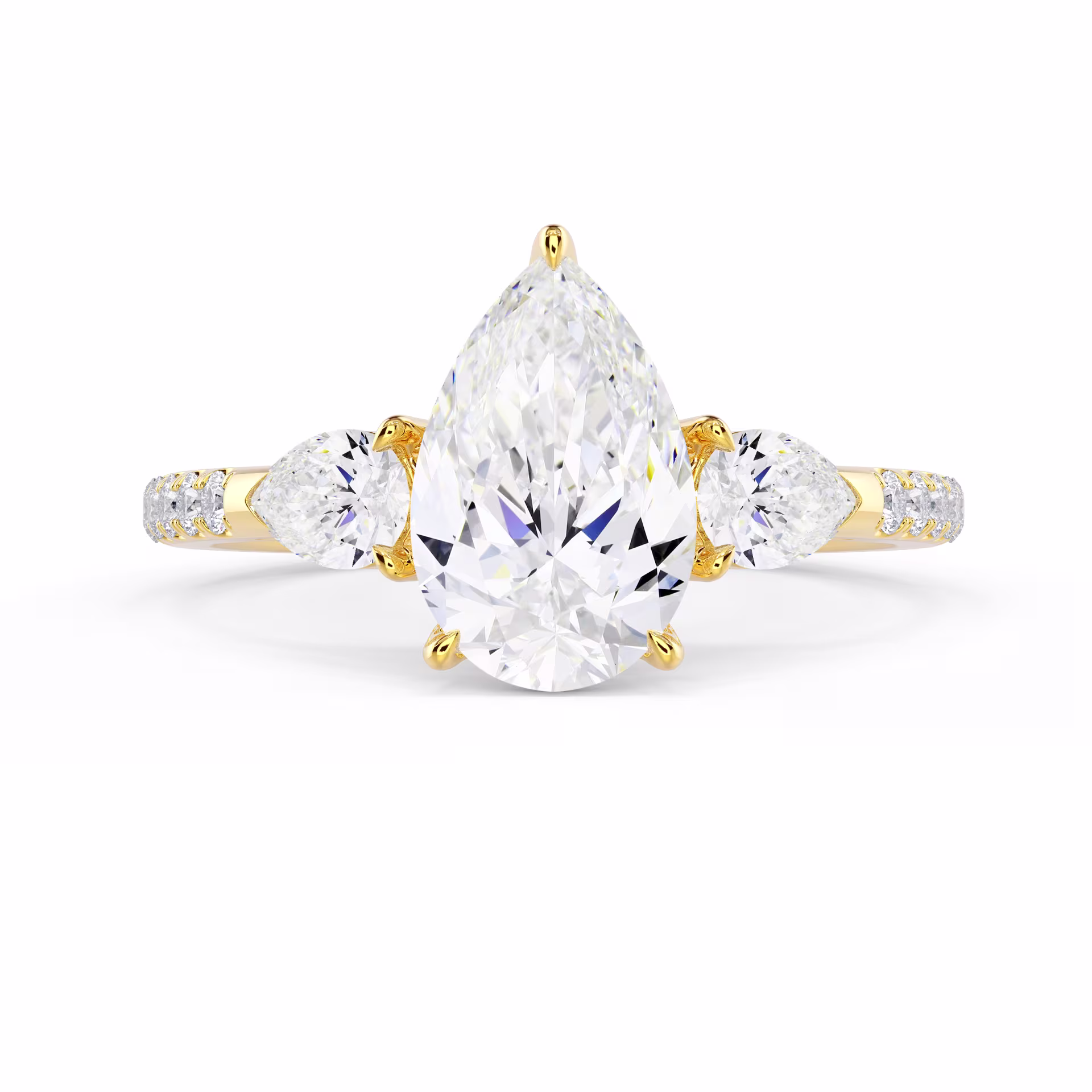 Diamonds set in Yellow Gold Pear Three Stone Pavé Setting (Main View)