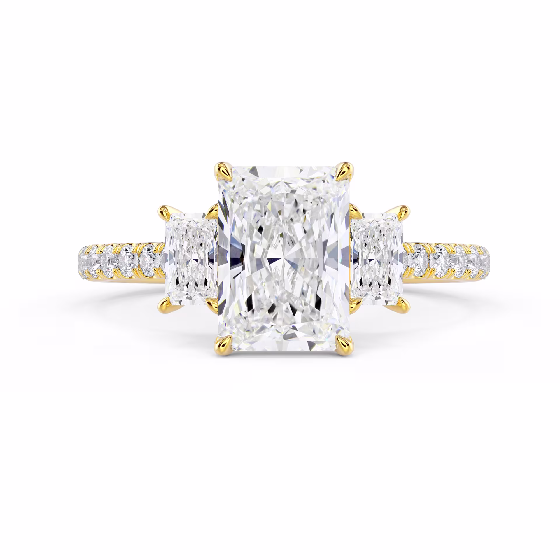 Diamonds Radiant Three Stone Pavé Diamond Engagement Ring in Yellow Gold (Main View)