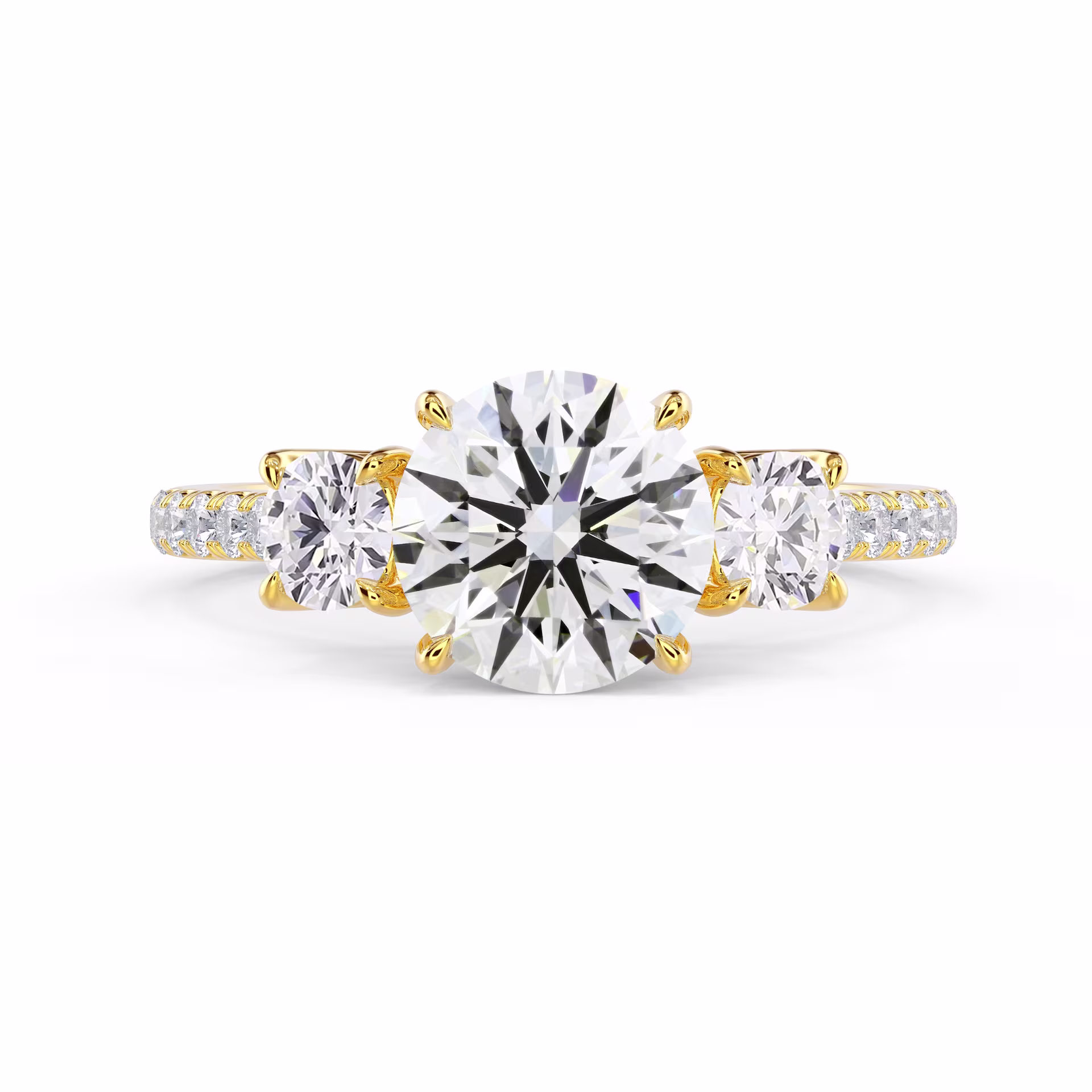 Exceptional Quality Lab Diamonds set in Yellow Gold Round Three Stone Pavé Setting (Main View)