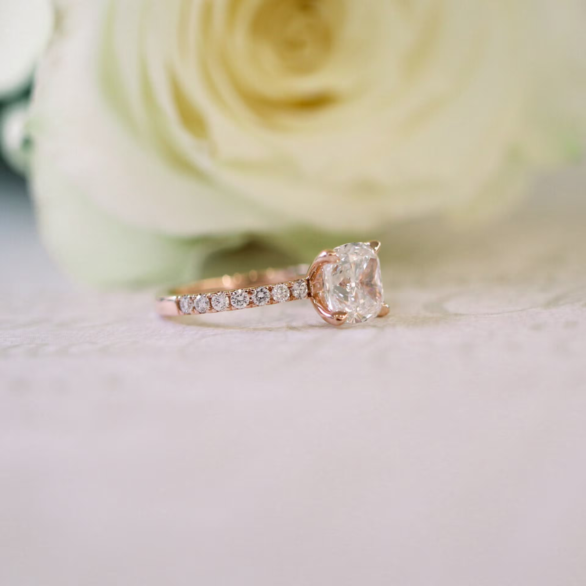 18k Rose Gold 2ct Cushion Cut Pavé Lab Diamond Ring Ada Diamonds Design AD-358 Macro