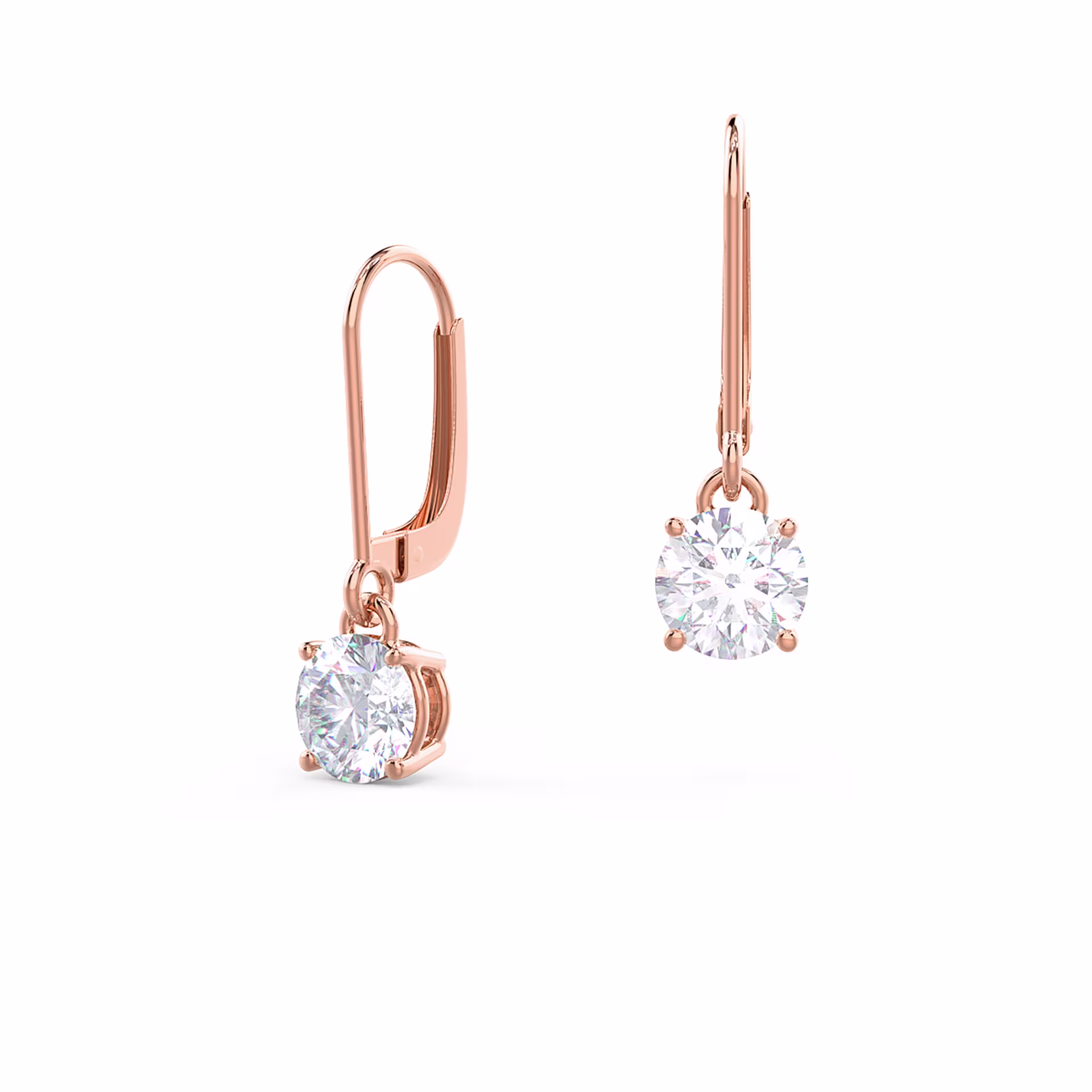 High Quality 2.0 ct Round Brilliant Diamonds set in 14k Rose Gold Four Prong Drop Earrings (Main View)