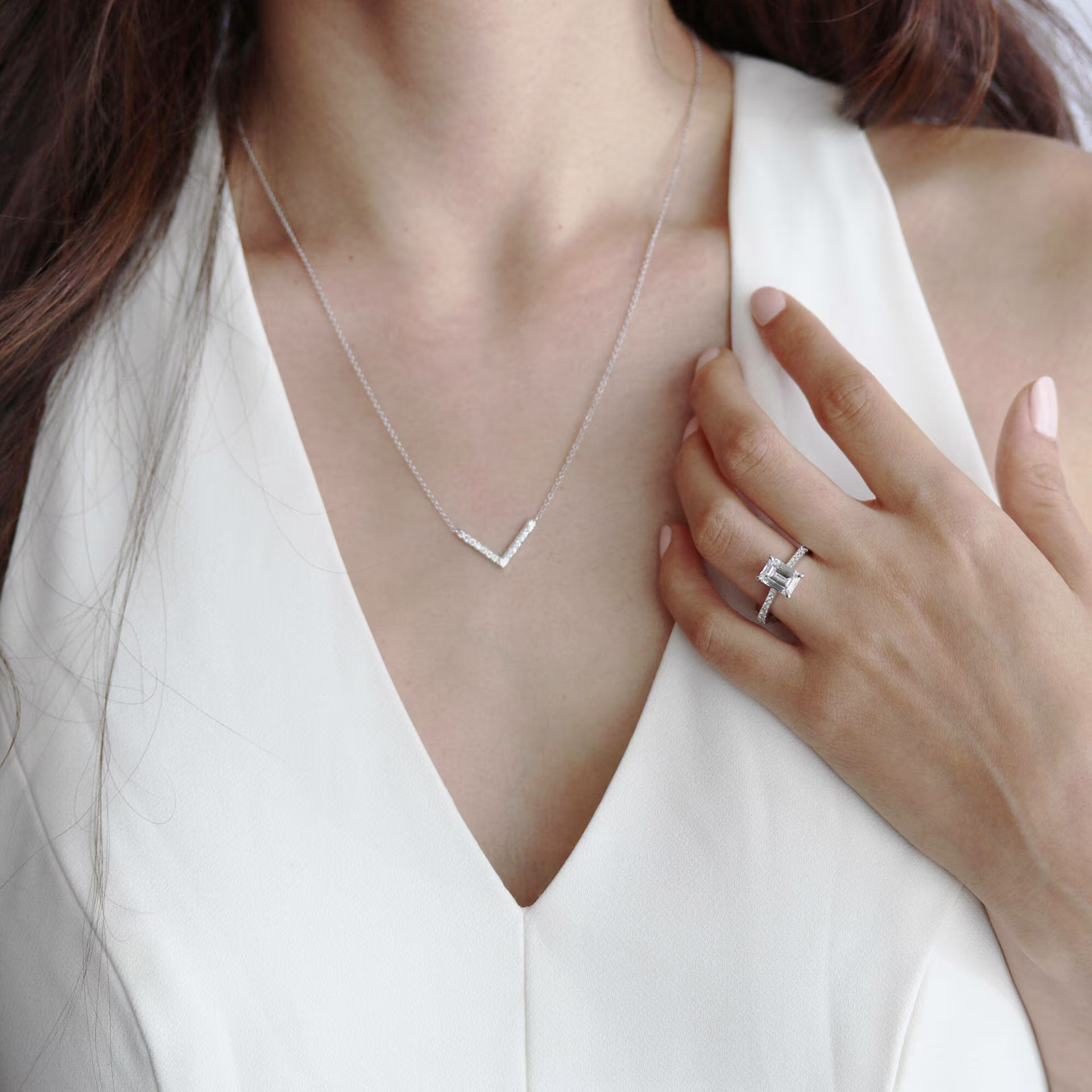 white gold v necklace with man made diamonds