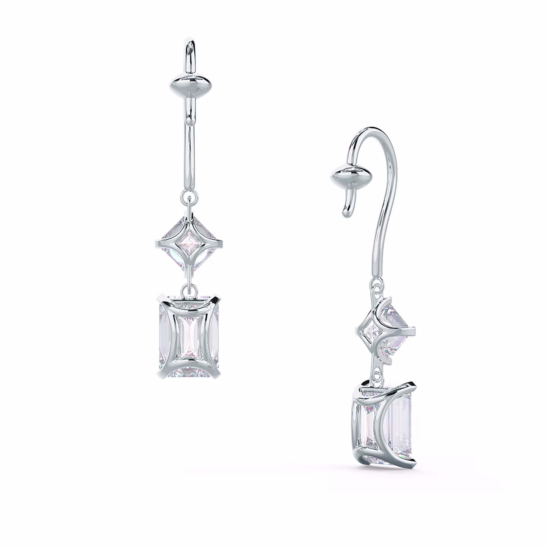 Profile view of platinum drop earrings with emerald and Asscher-cut diamonds on a white background.