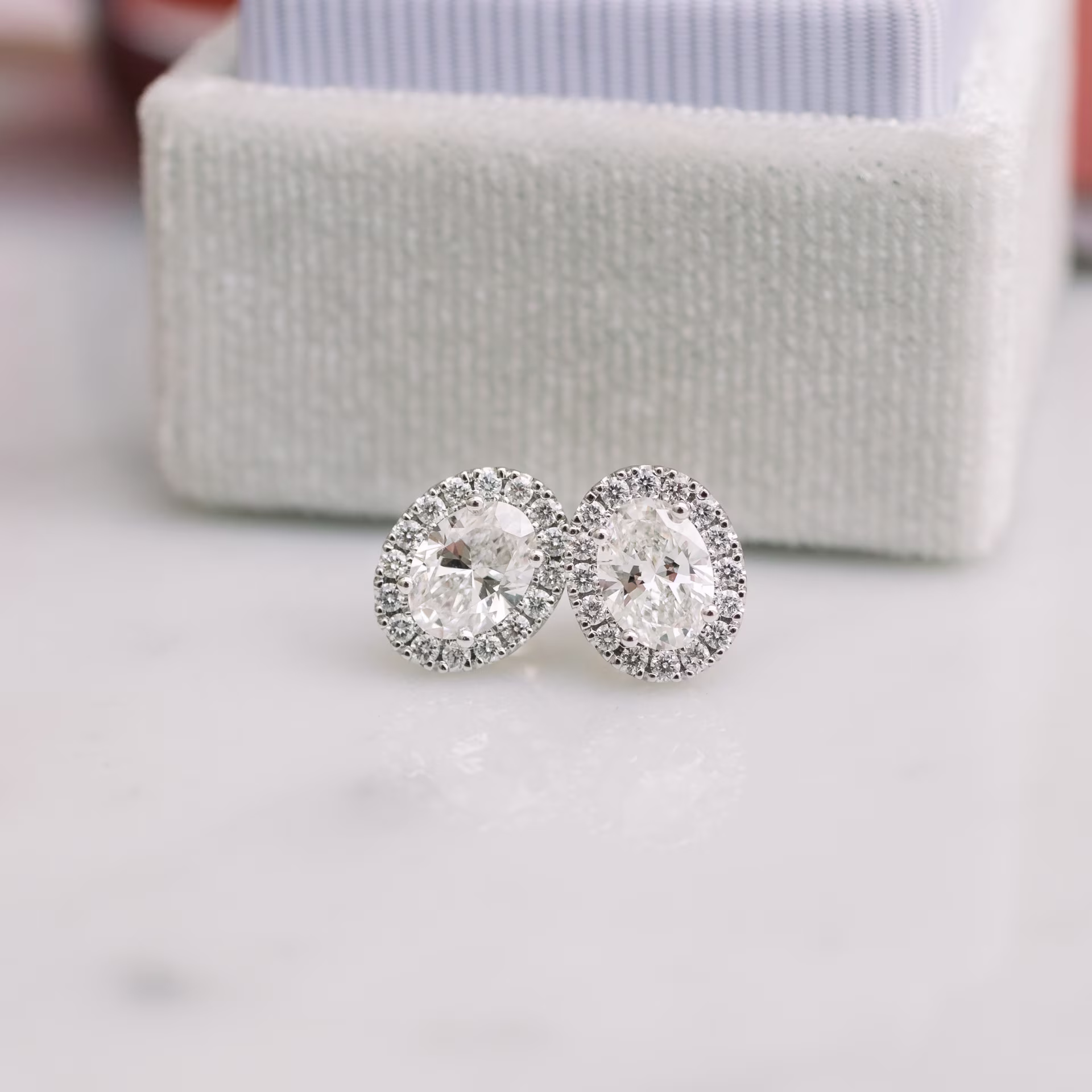 Hand Selected Man Made Diamonds set in White Gold Heavenly Halo Oval Studs (Main View)