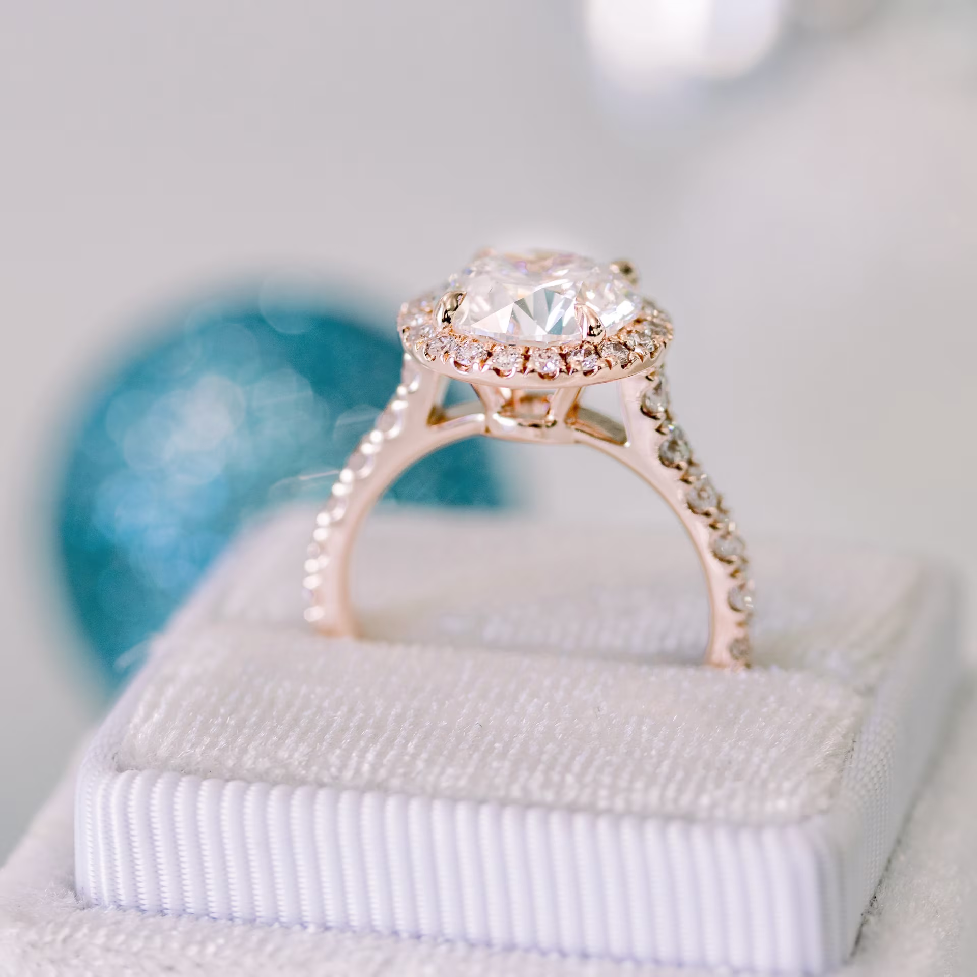 2.5ct round lab diamond halo pavé engagement ring in 14k rose gold