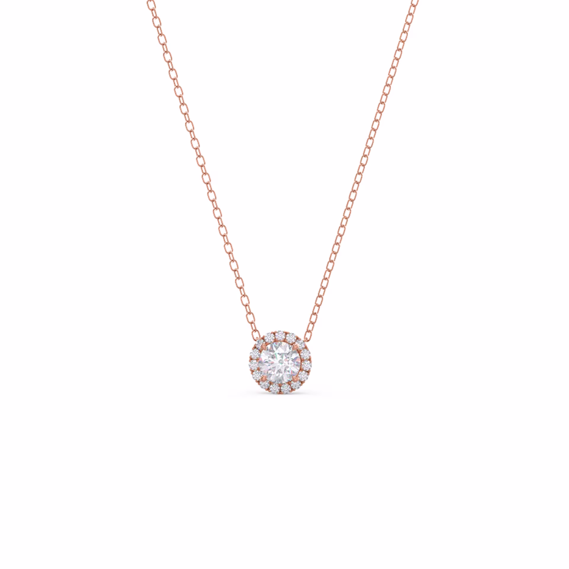 High Quality Round Man Made Diamonds set in Rose Gold Single Halo Pendant (Main View)