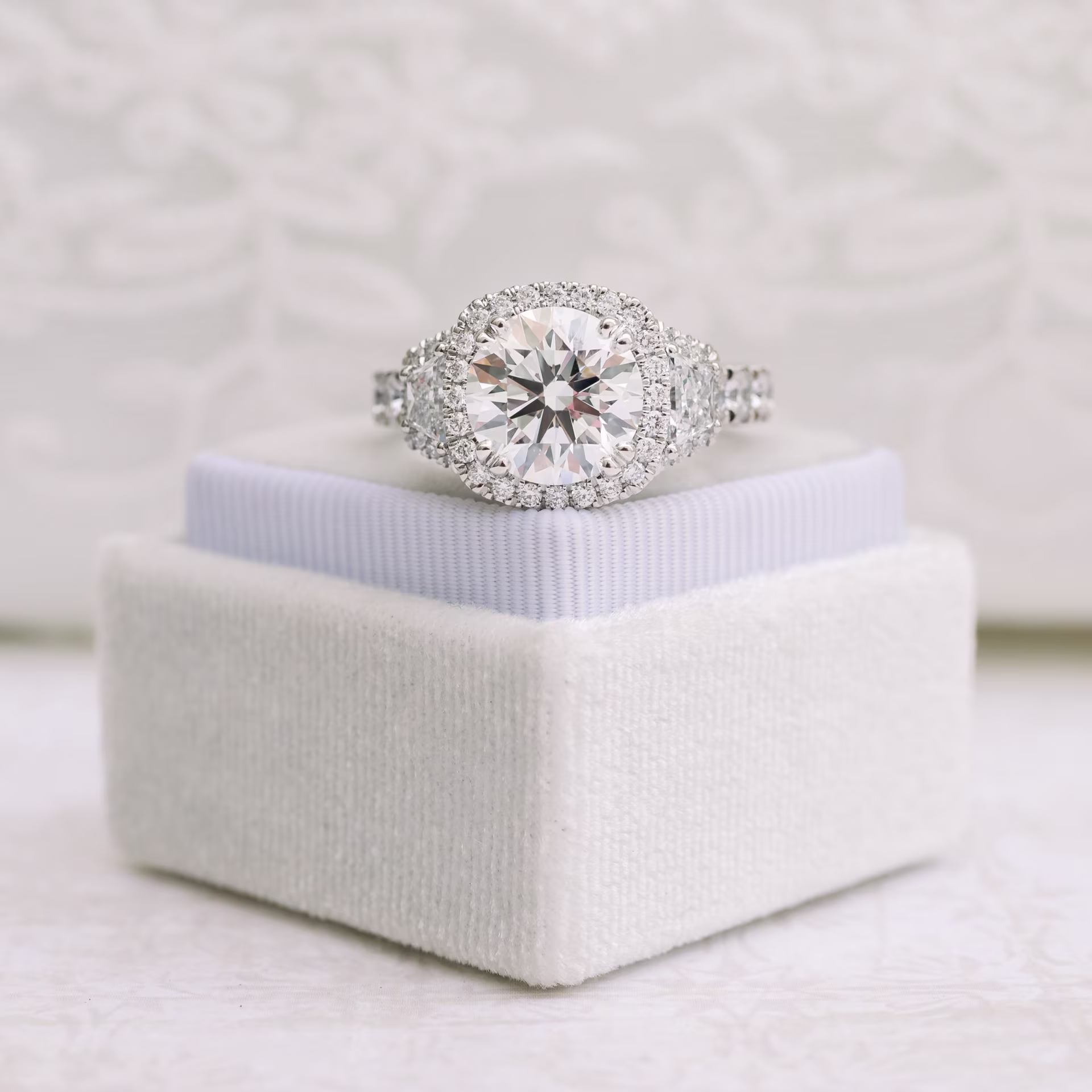 Platinum 6ct Round and Trapezoid Custom Halo Engagement Ring with Lab Diamonds Ada Diamonds Design AD-180 Artistic