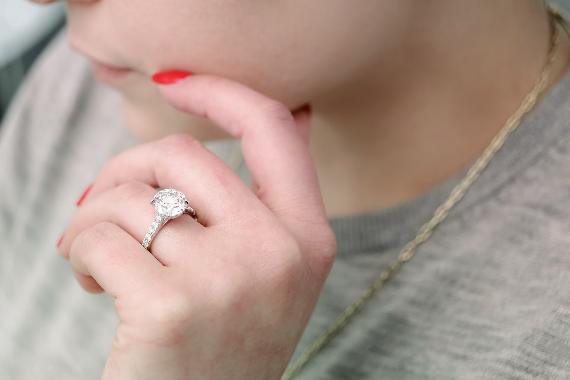 3.5ct round cathedral pave lab diamond ring platinum on model