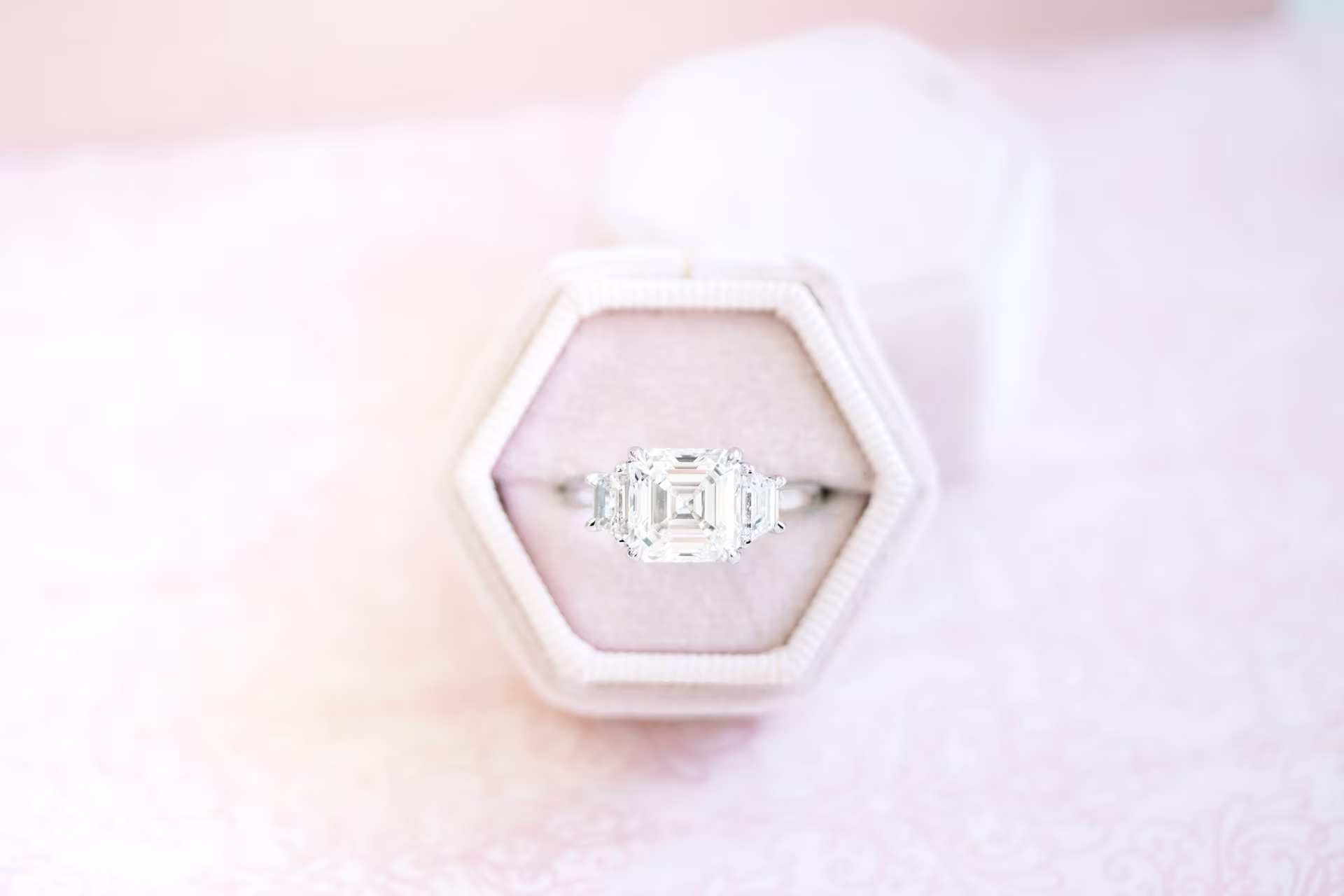 3.5 carat asscher and trapzeoid three stone lab diamond ring platinum ada diamonds design ad 494