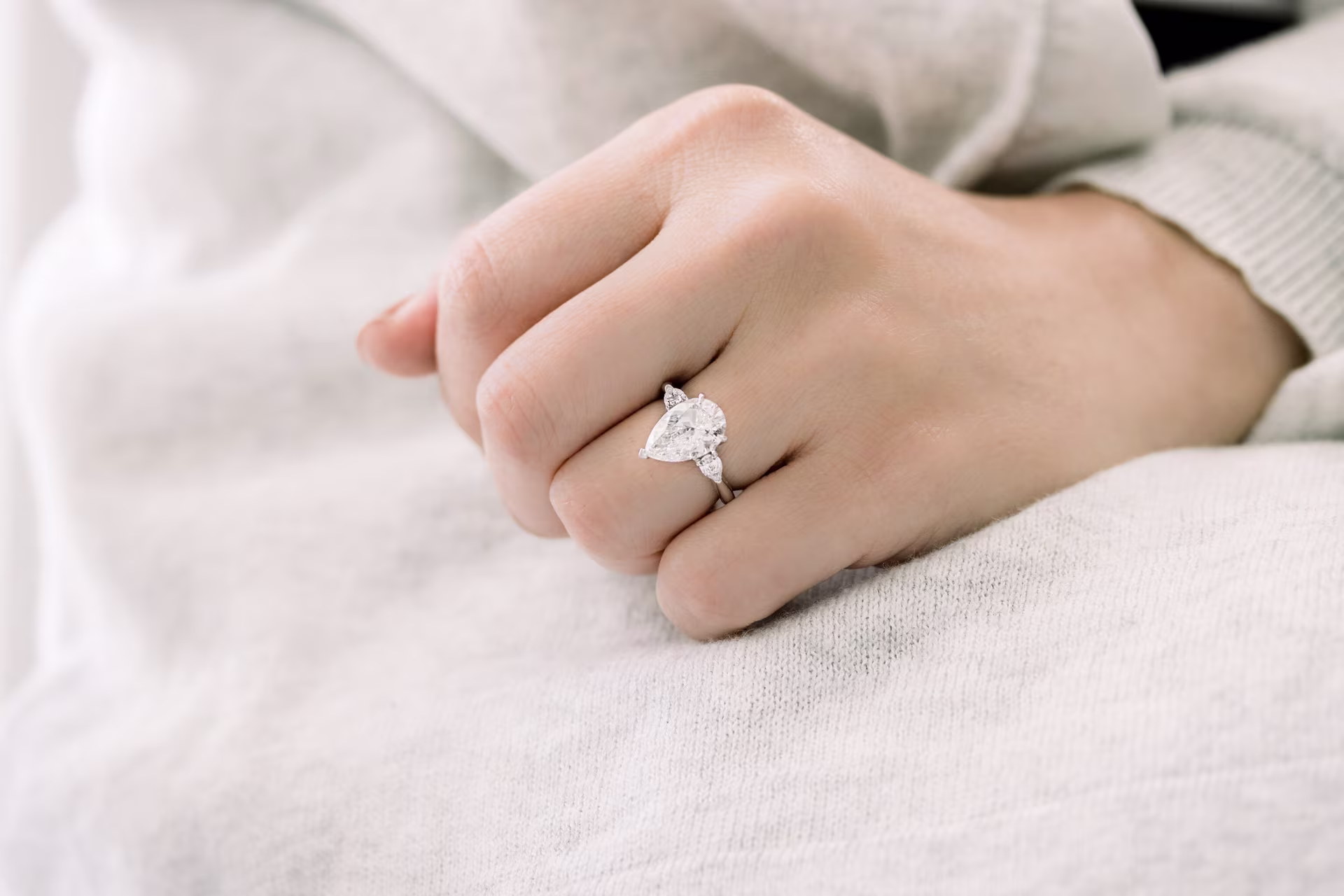 Pear three stone lab diamond engagment ring
