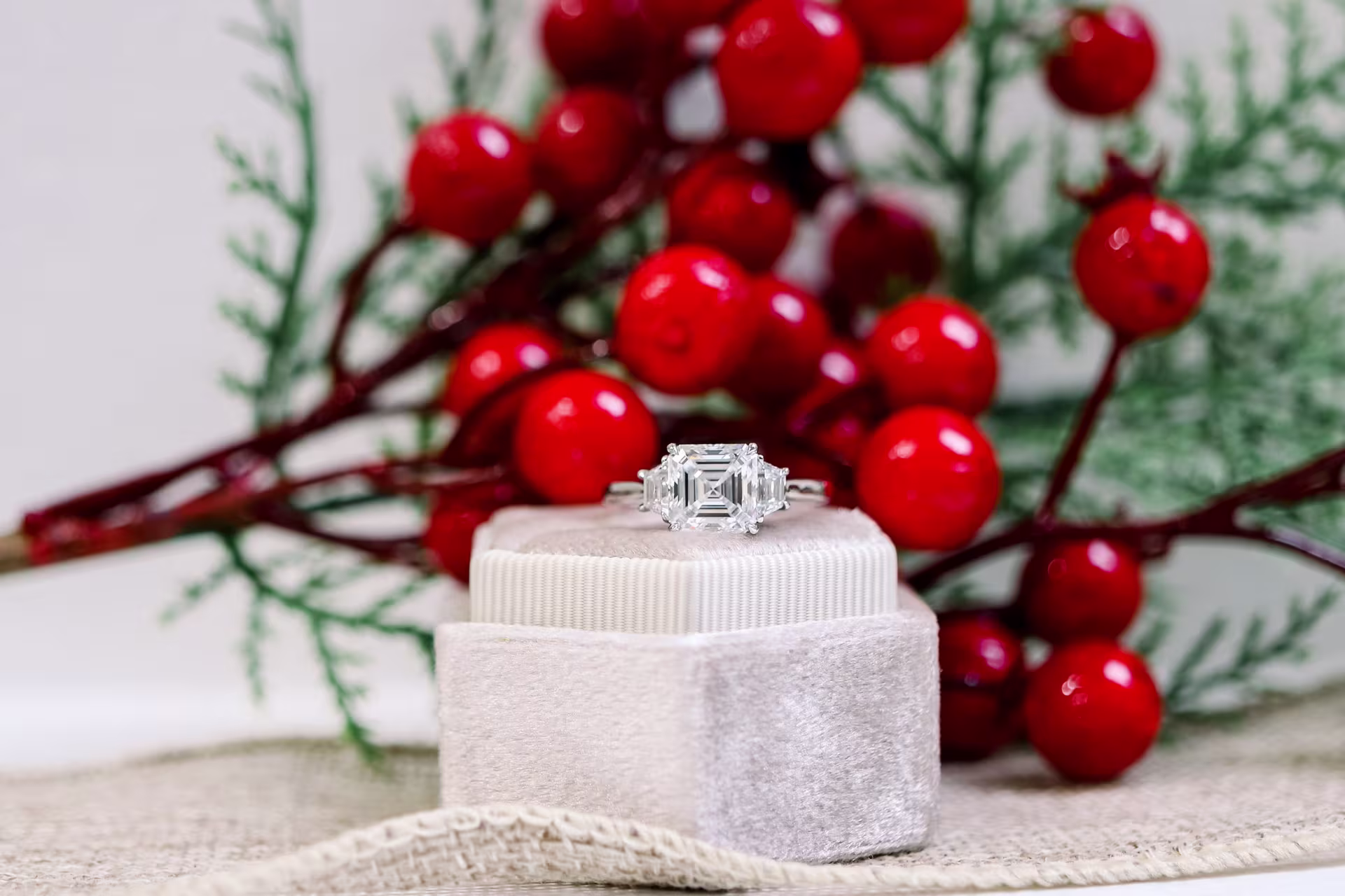 asscher and trapezoid three stone ring