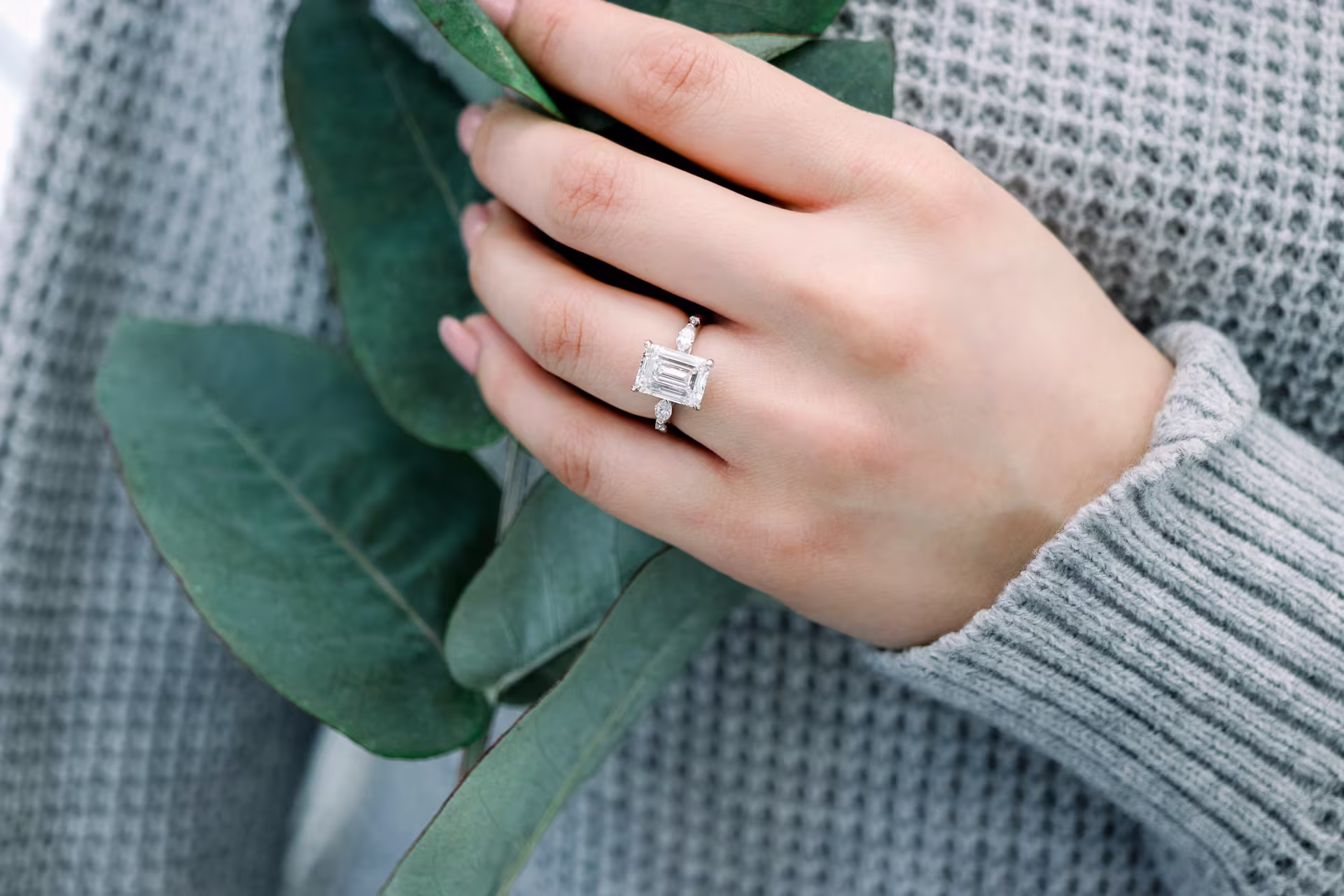 3.5ct emerald cut lab diamond ring with marquise side stones