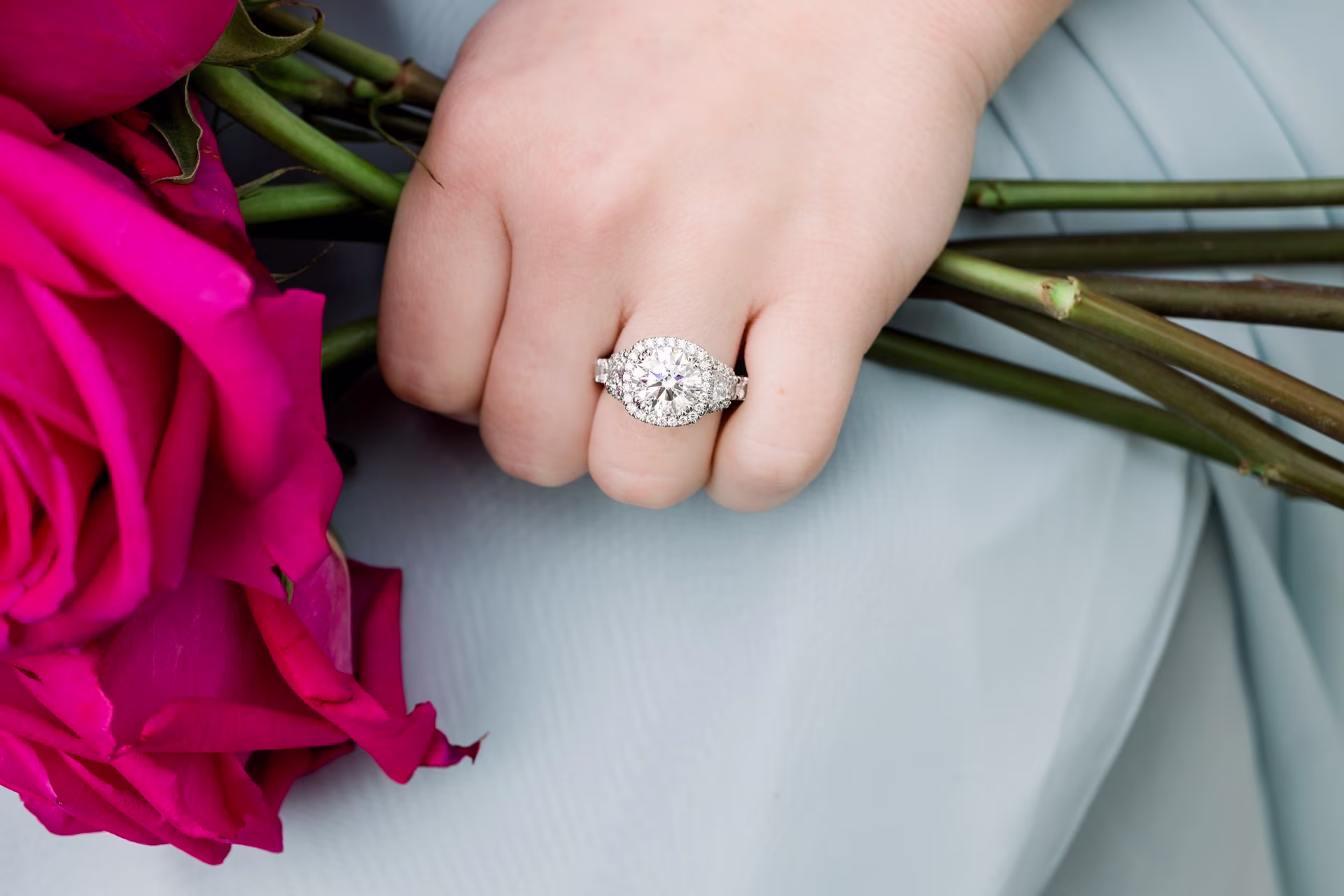 3.5ct round lab diamond custom three stone halo engagement ring ada diamonds