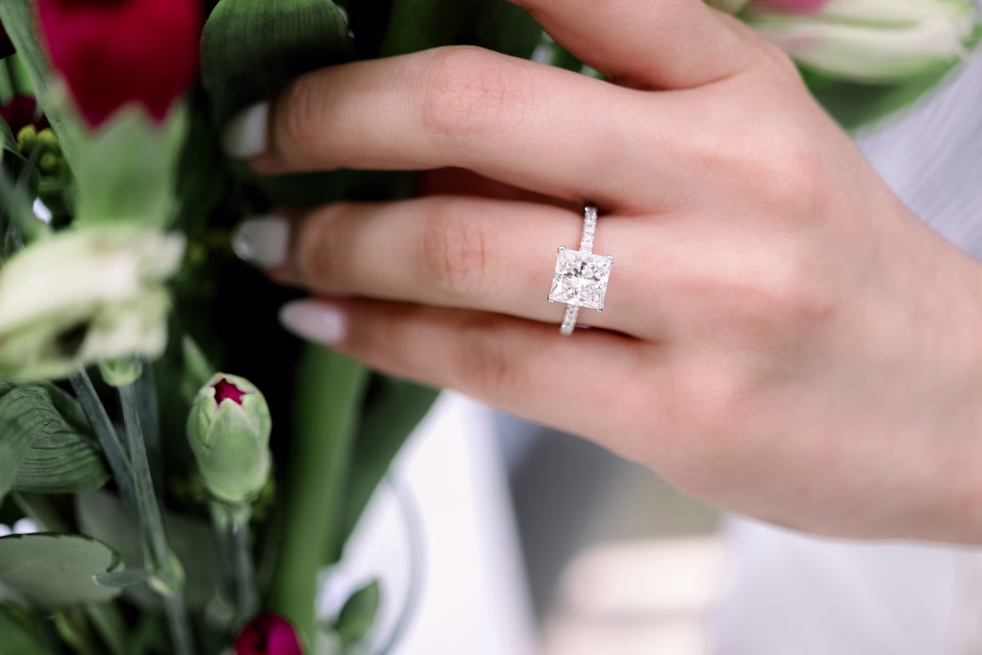 lab created princess cut diamond in cathedral pave setting