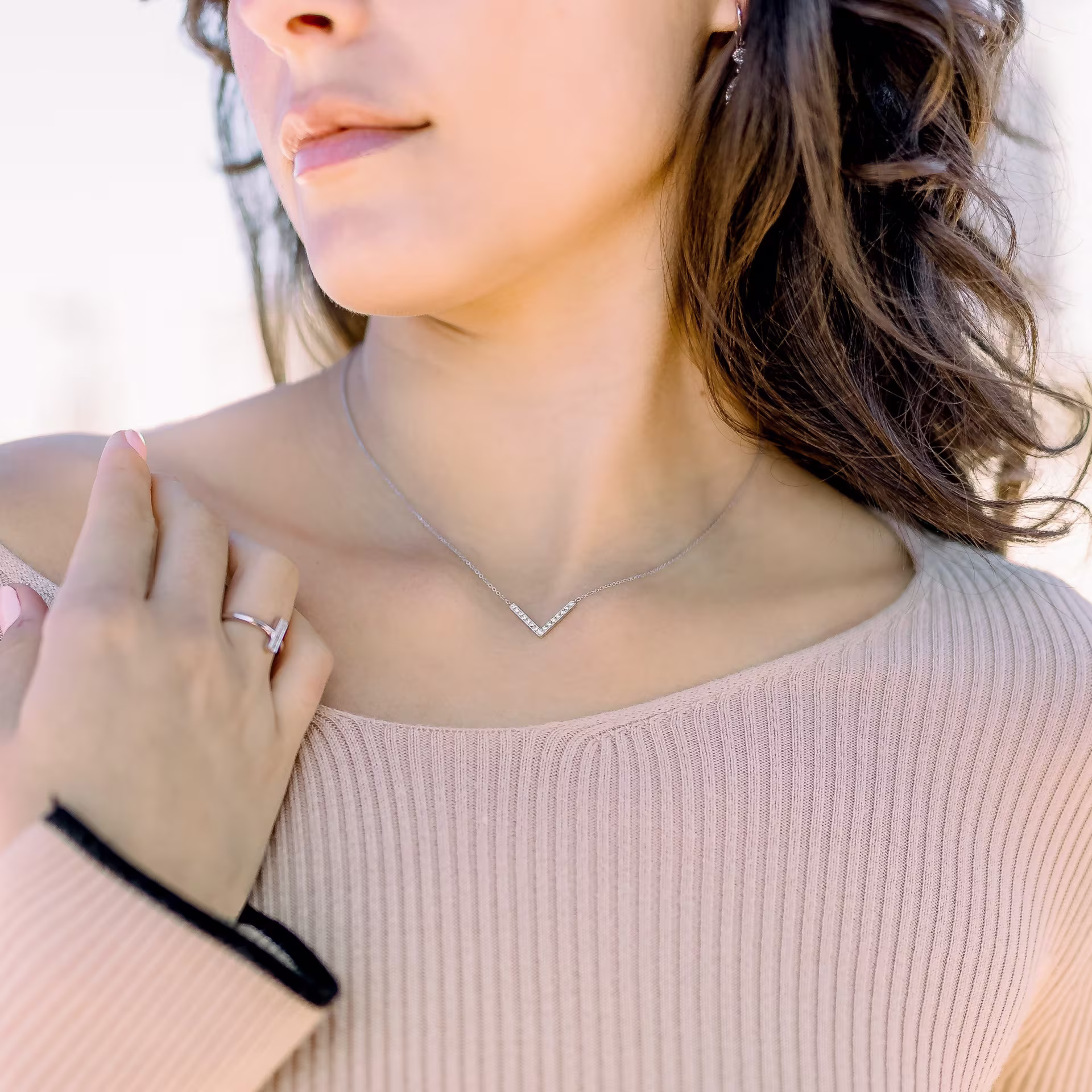 white gold lab grown diamond v necklace ada diamonds design ad 120 on model