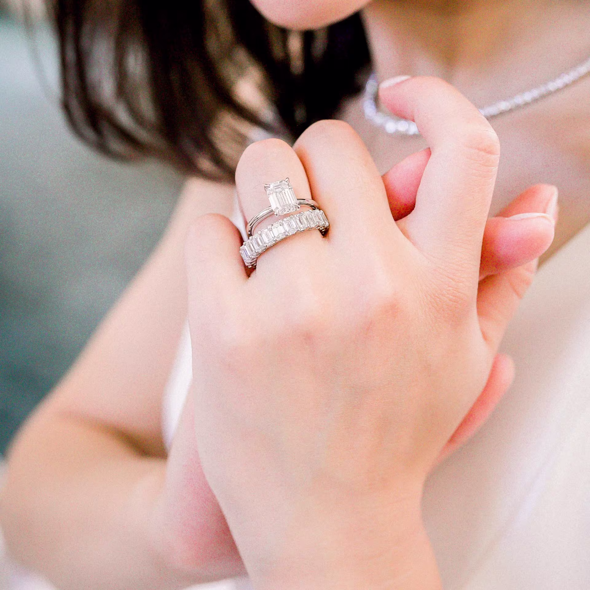 Lab Diamond Emerald Eternity Band Ada Diamonds On Model AD165