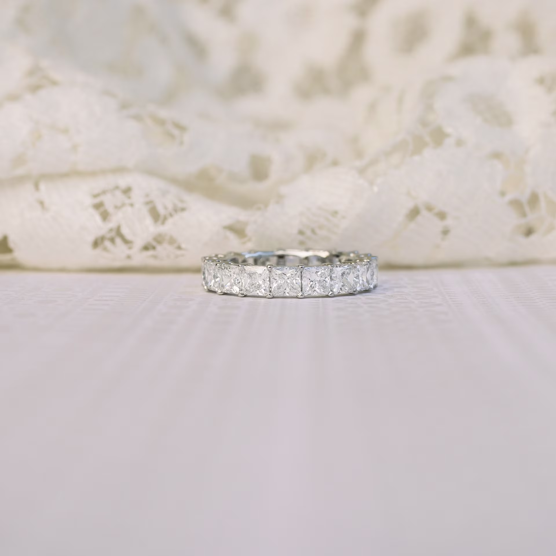 Princess Eternity Lab Created Diamond Wedding Band in Platinum Profile View Design-194