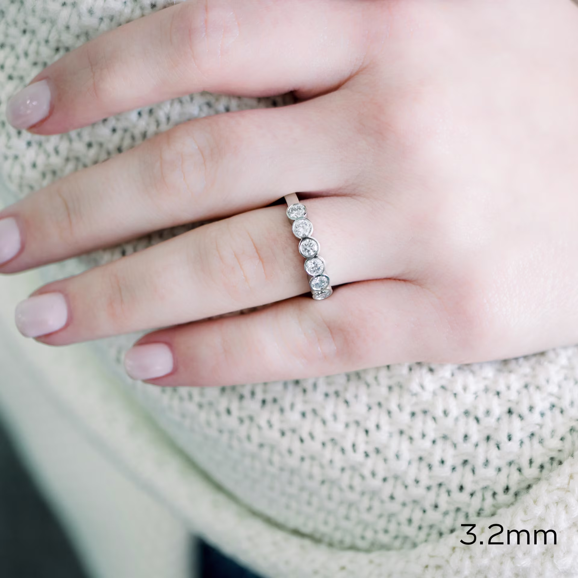 Platinum Bezel Set Six Stone Round Lab Diamond Wedding Band Ada Diamonds Design AD-182 on Model