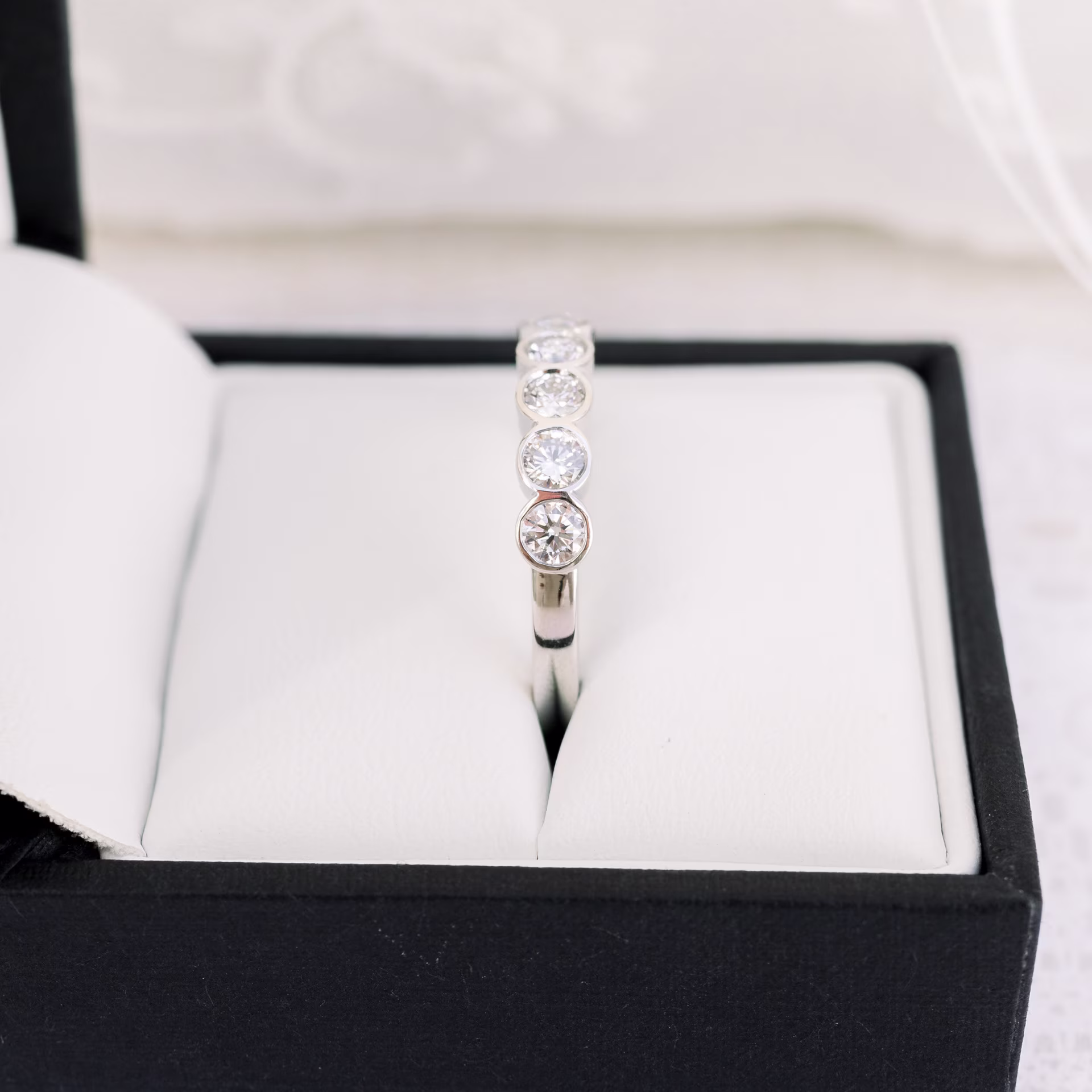 Platinum Custom Six Stone Round Bezel Set Lab Diamond Half Eternity Band Ada Diamonds Design AD 182 in Box