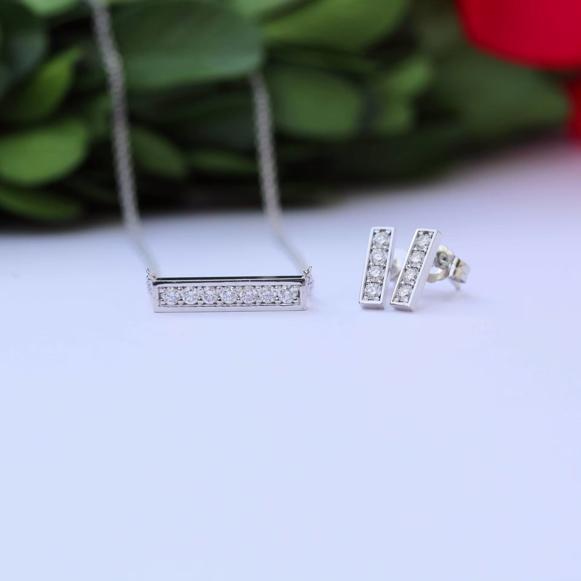 lab diamond bar pendant and earrings in 14k white gold