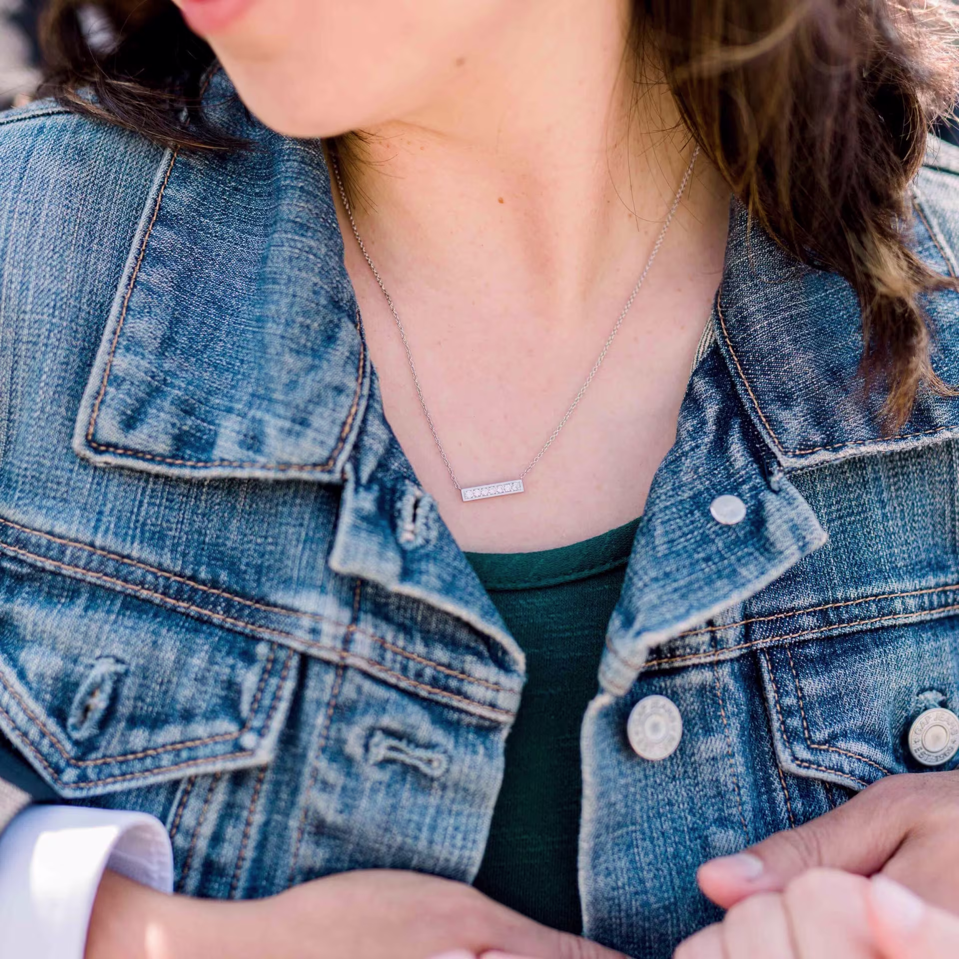 white gold bar necklace lab diamonds on model