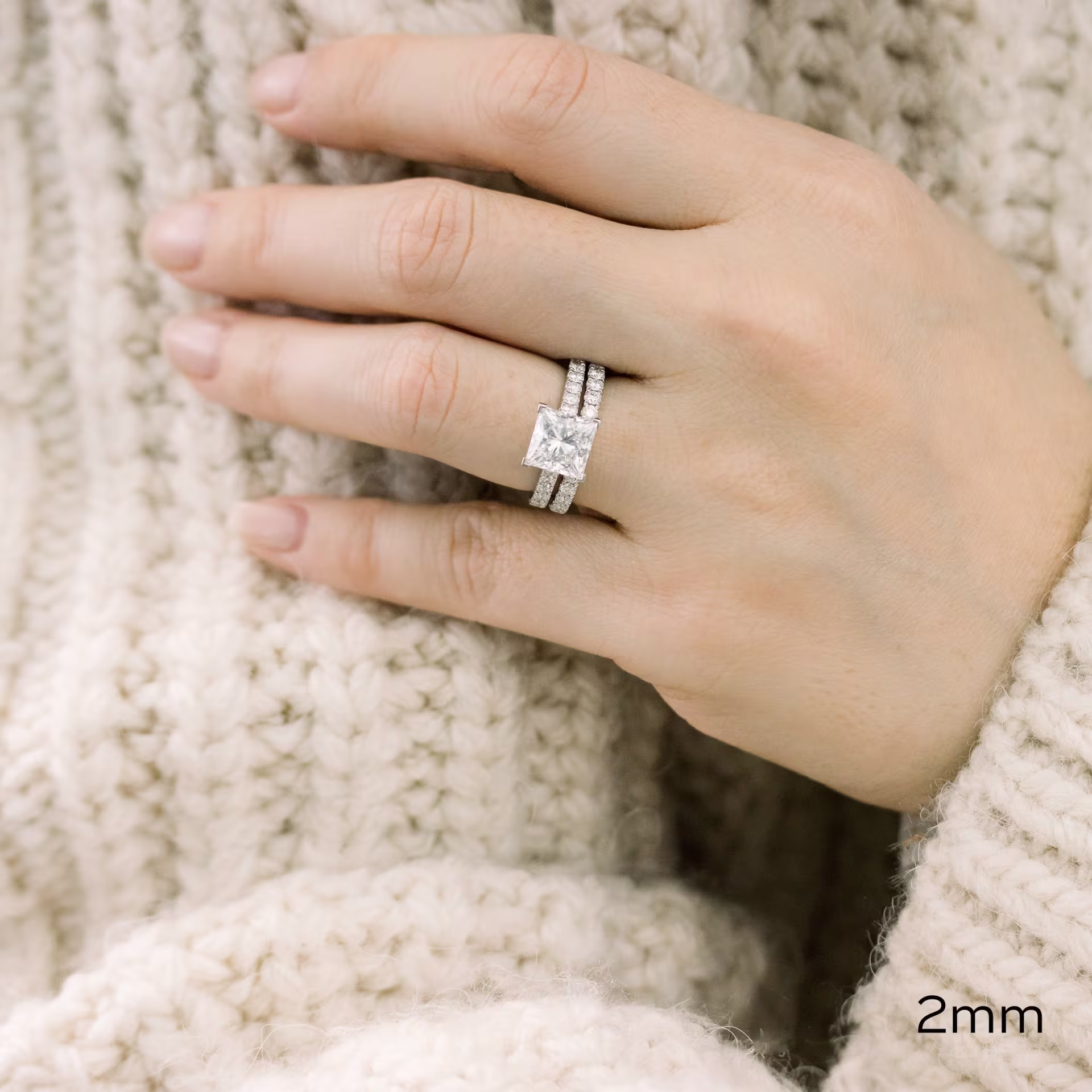 platinum u pavé eternity band with princess cut pavé engagement ring featuring lab diamonds ada diamonds design ad 171 and ad 344 on model