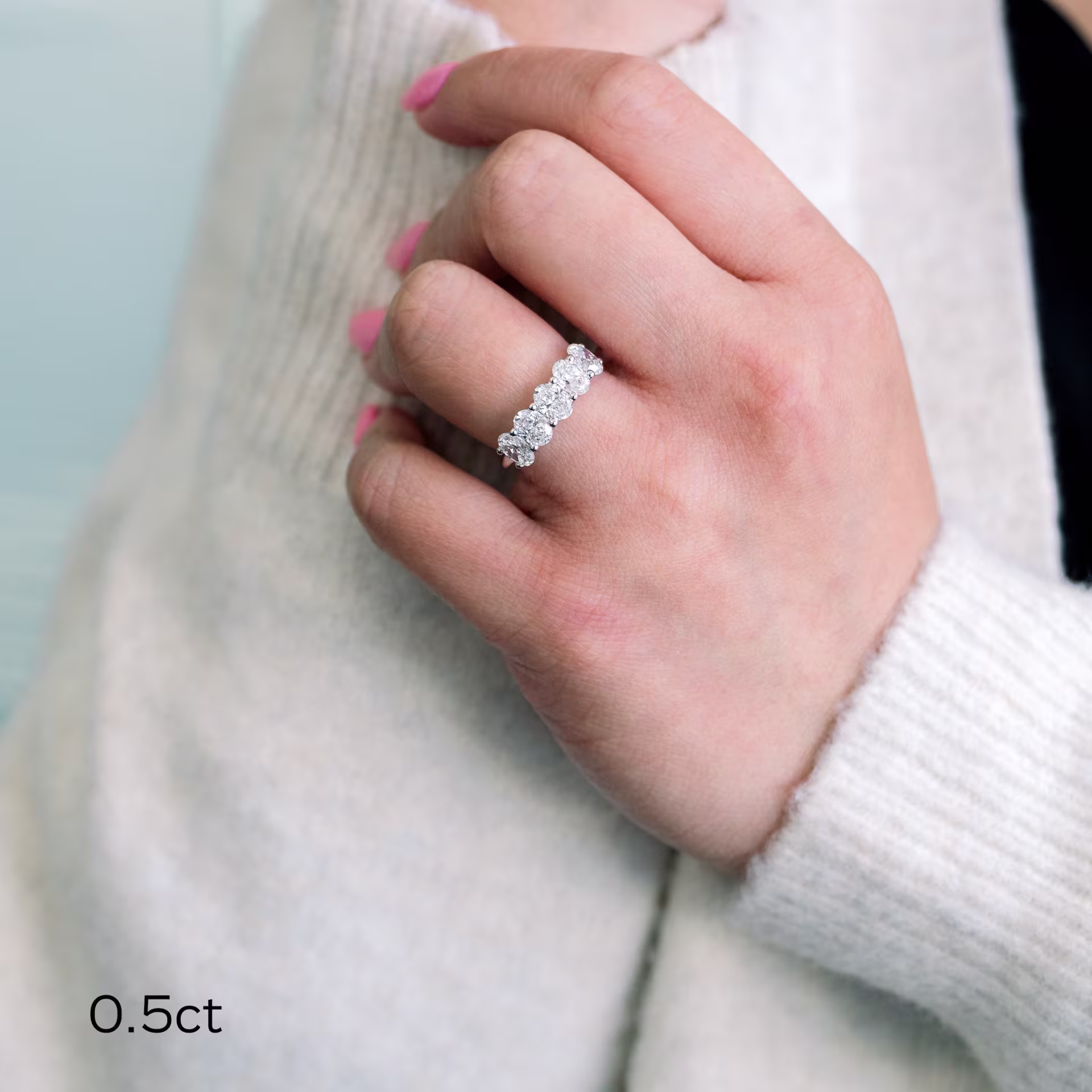 platinum oval lab diamond five stone engagement ring ada diamonds design ad 238 on model