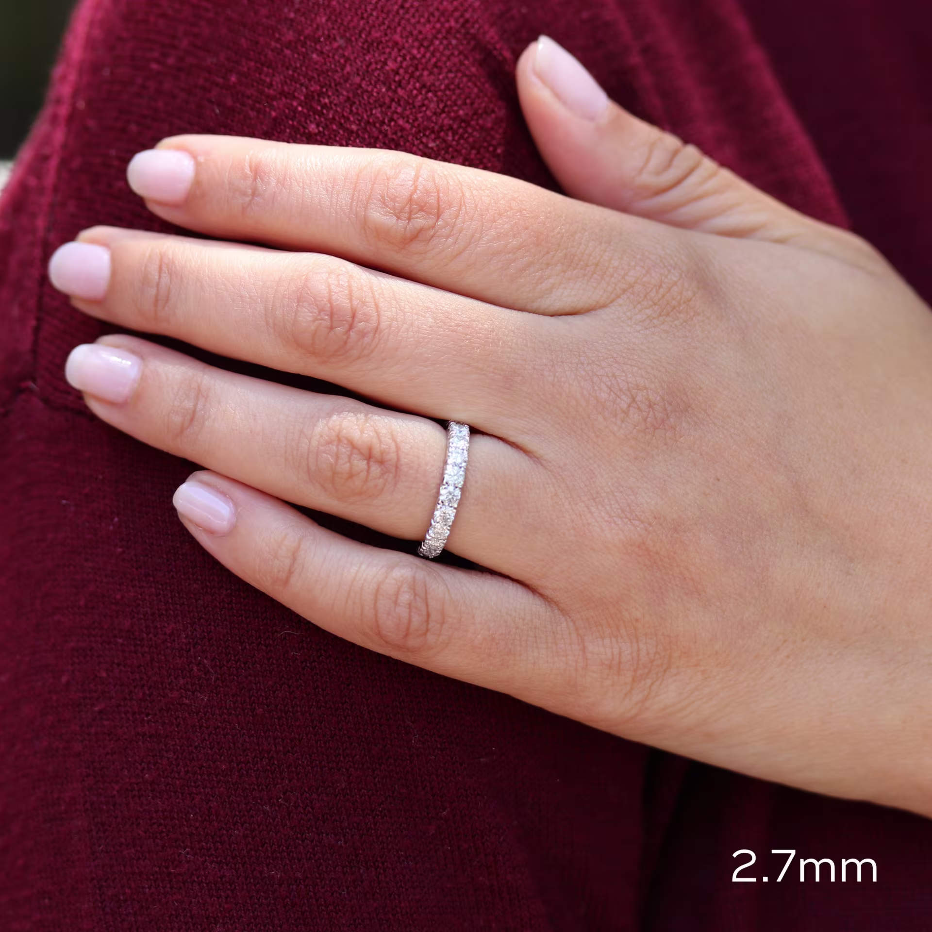 white gold round man made diamond french pavé 3/4 eternity band ada diamonds design ad 175 on model