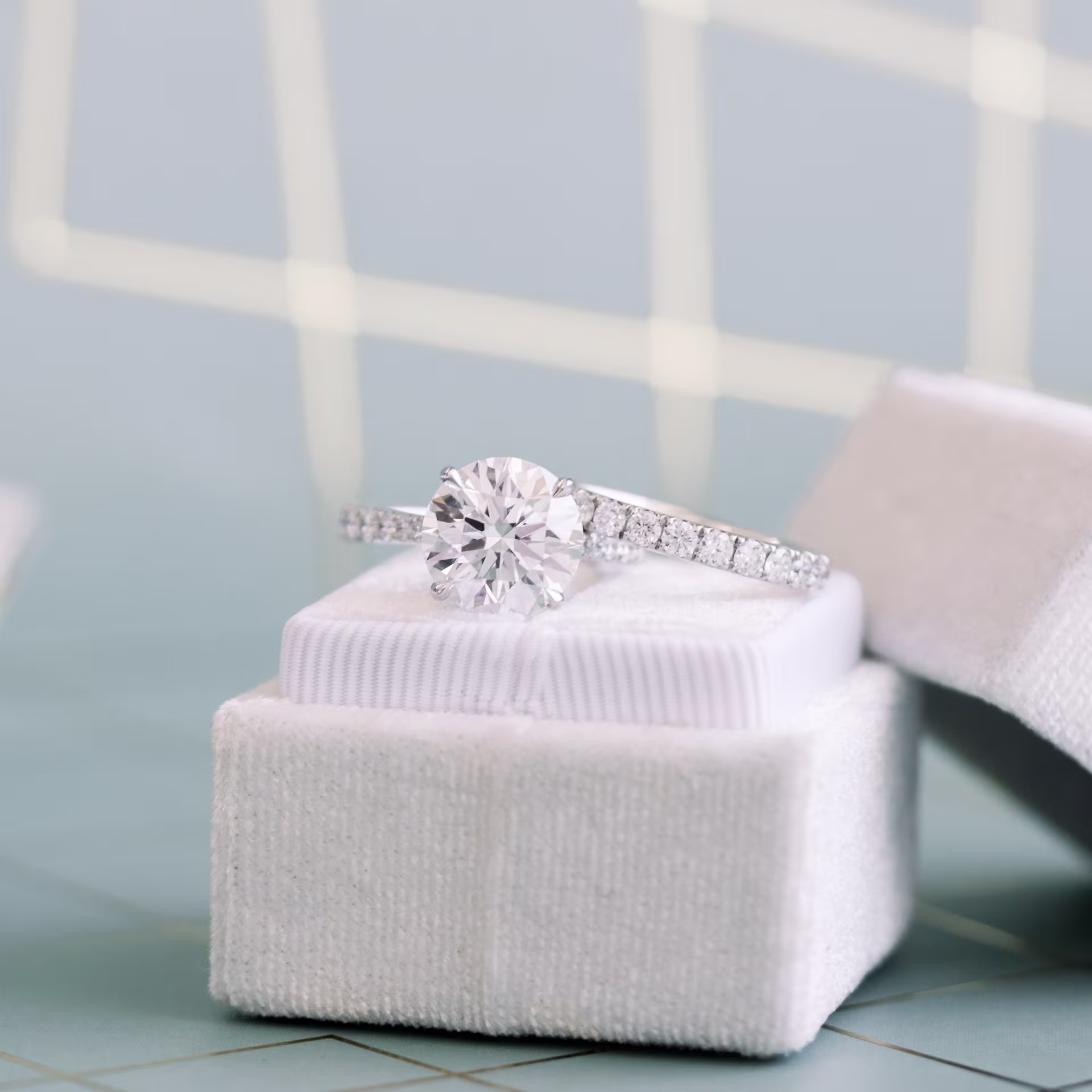 5 ct round trellis pave lab diamond engagement ring with lab diamond three quarter band ada diamonds design ad 171