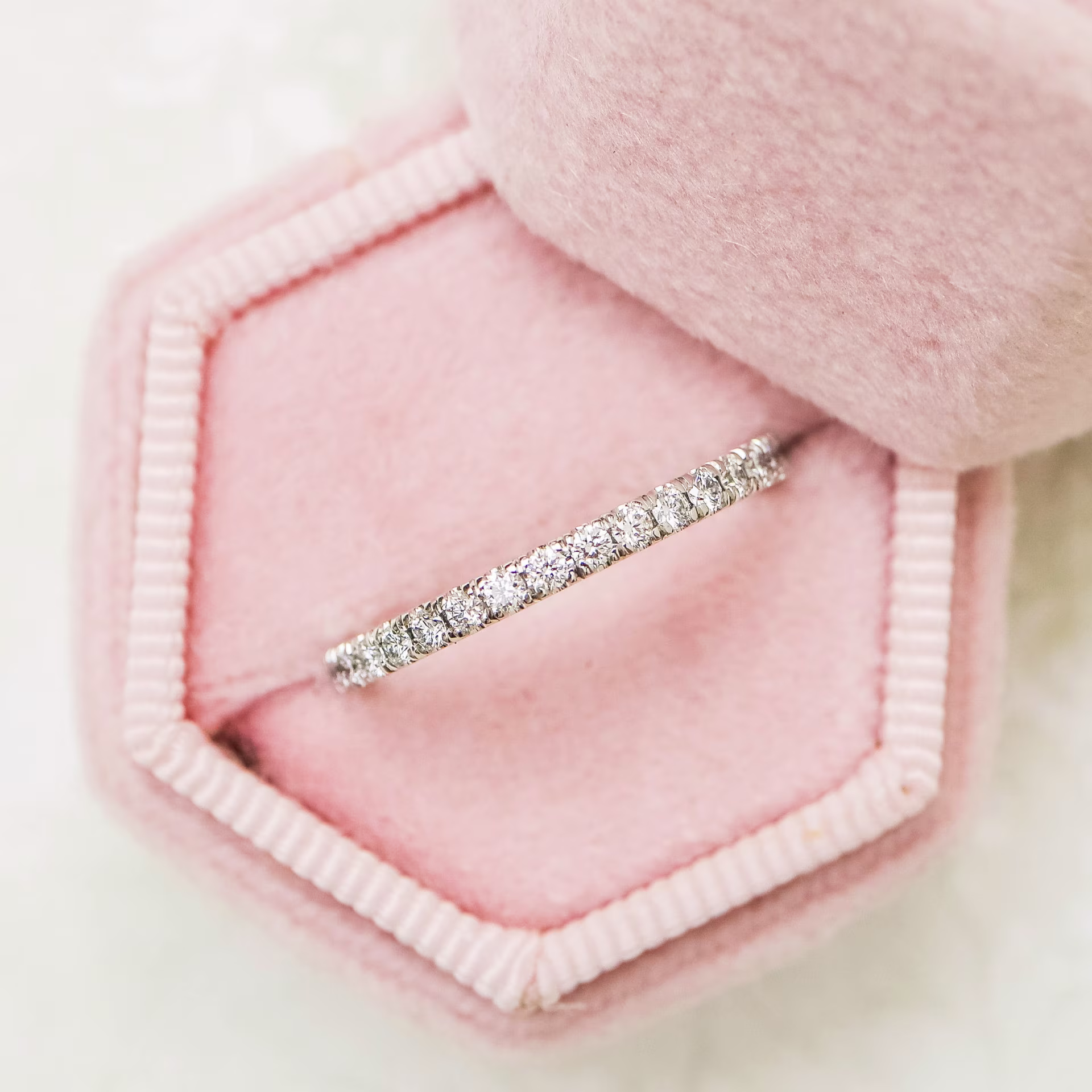 White Gold U Pavé 3/4 Eternity Band with Lab Diamonds Ada Diamonds Design AD-171 In Pink Box