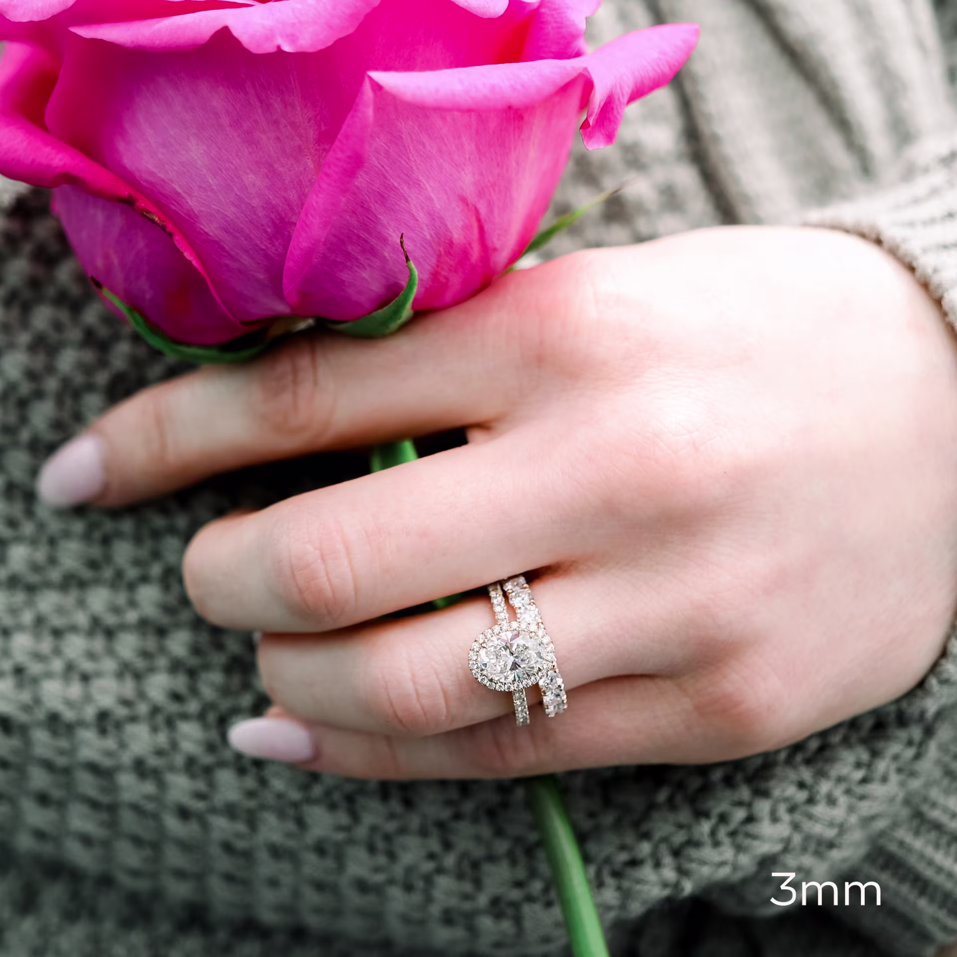 14k rose gold oval halo pavé engagement ring and wedding band with 3mm round lab diamonds ada diamonds design ad 171 on model