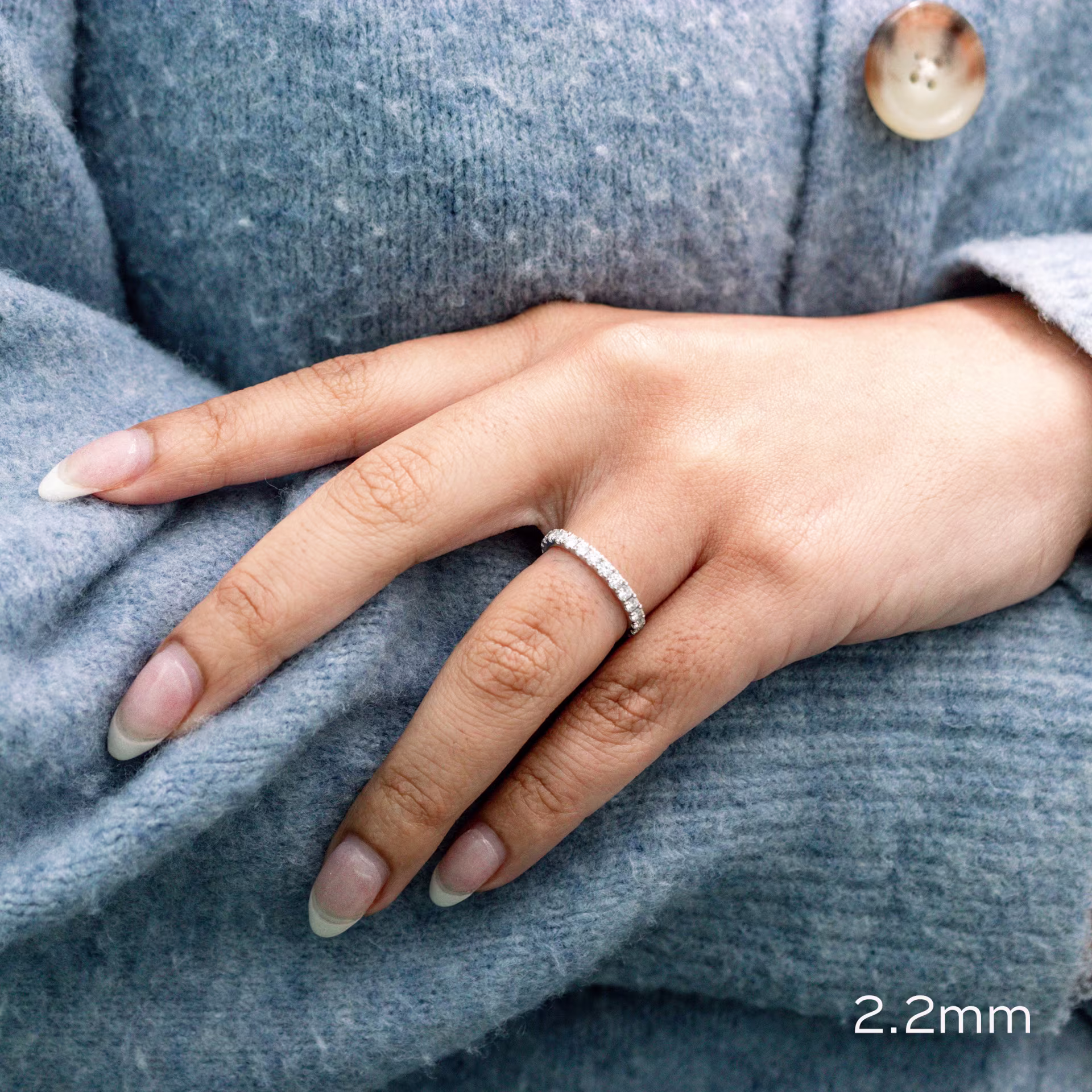 platinum u pave lab created diamond eternity band with 2.2mm round lab diamonds on model ada diamonds design ad171