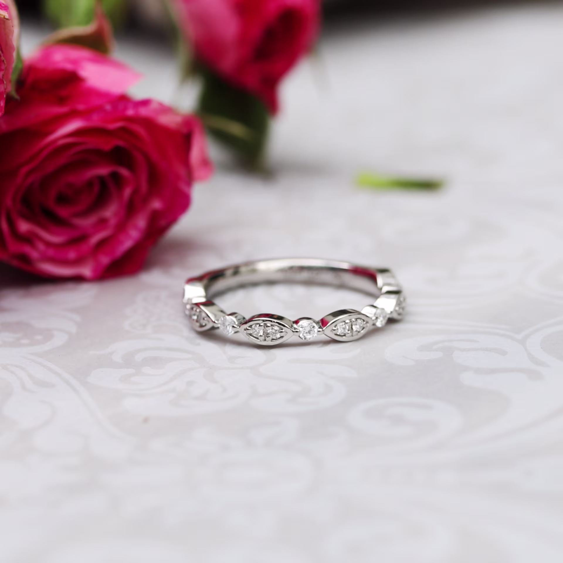 Leaf Swirling Lab Created Diamond Wedding Band Artistic Design-216