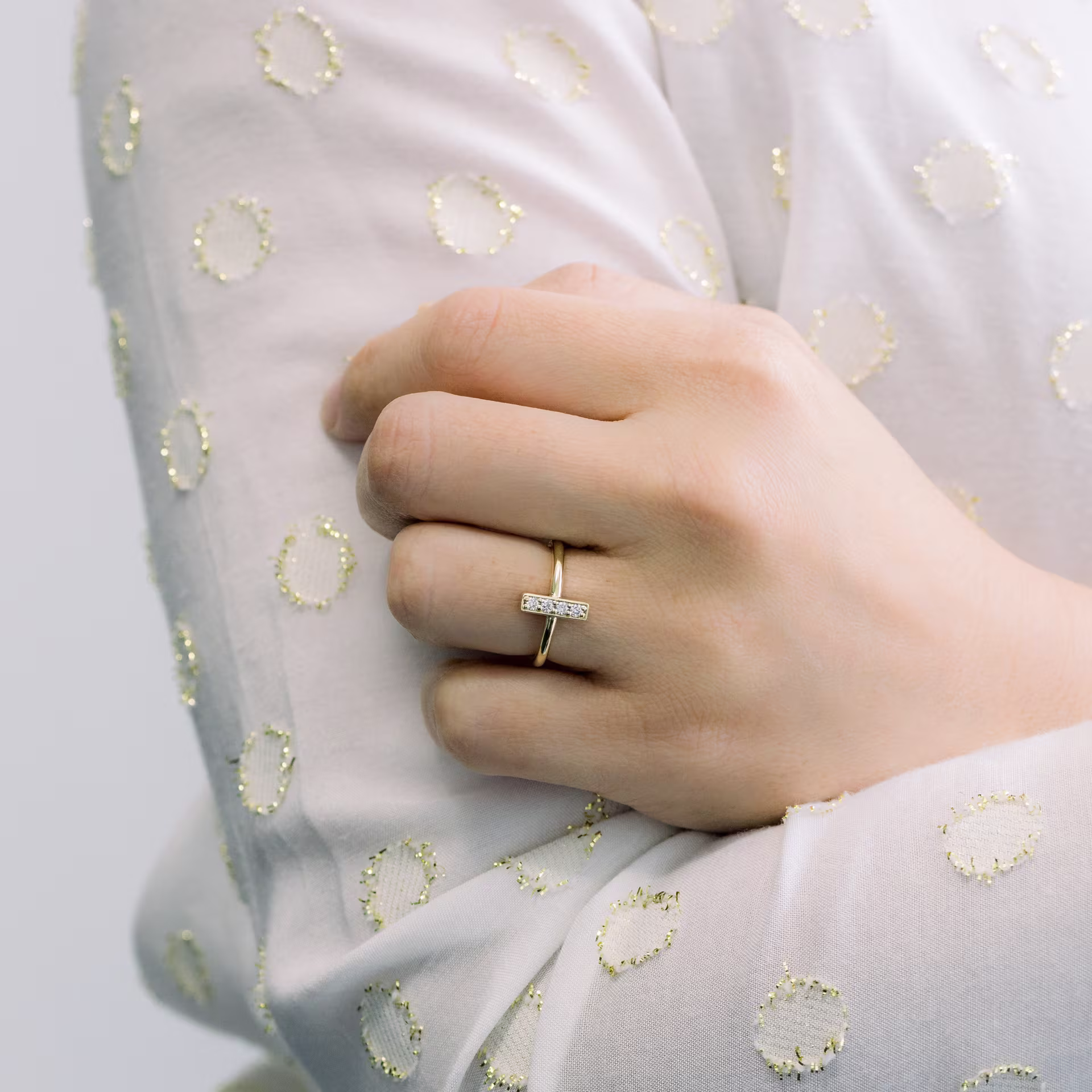 Hand Selected 0.12 Carat Round Diamonds set in 14k Yellow Gold Bar Ring (Main View)