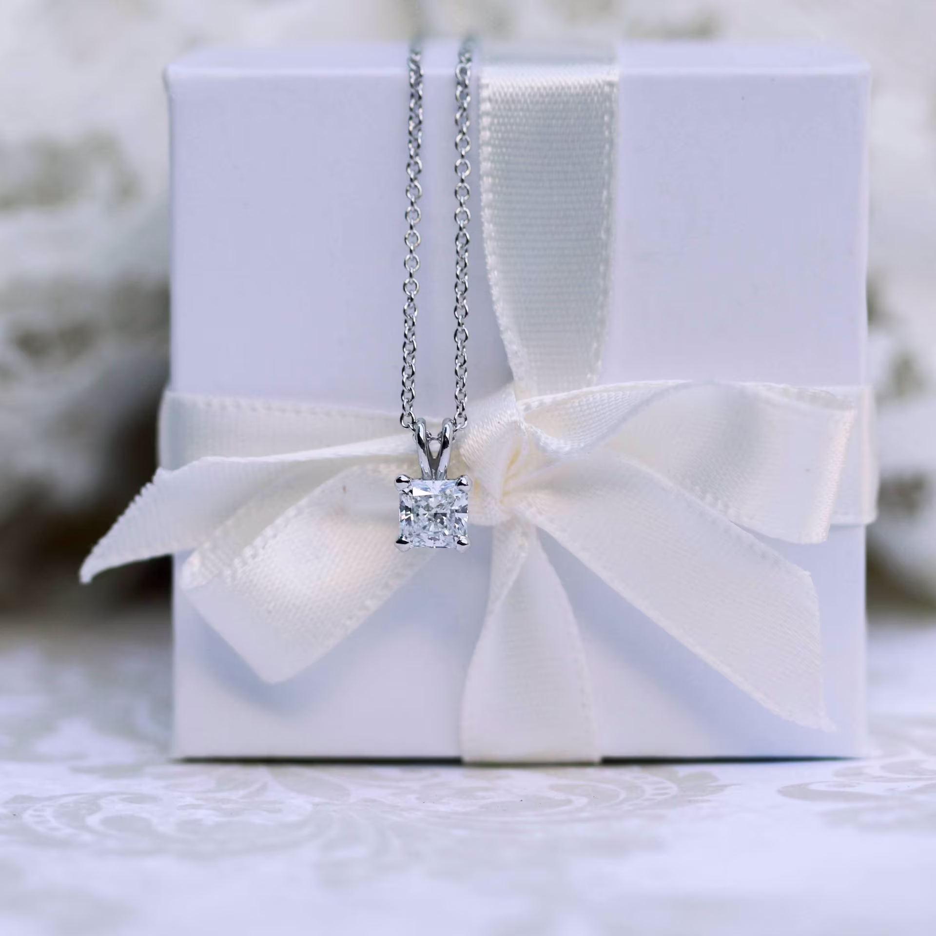 half carat split bale pendant necklace with radiant lab diamond 14k white gold