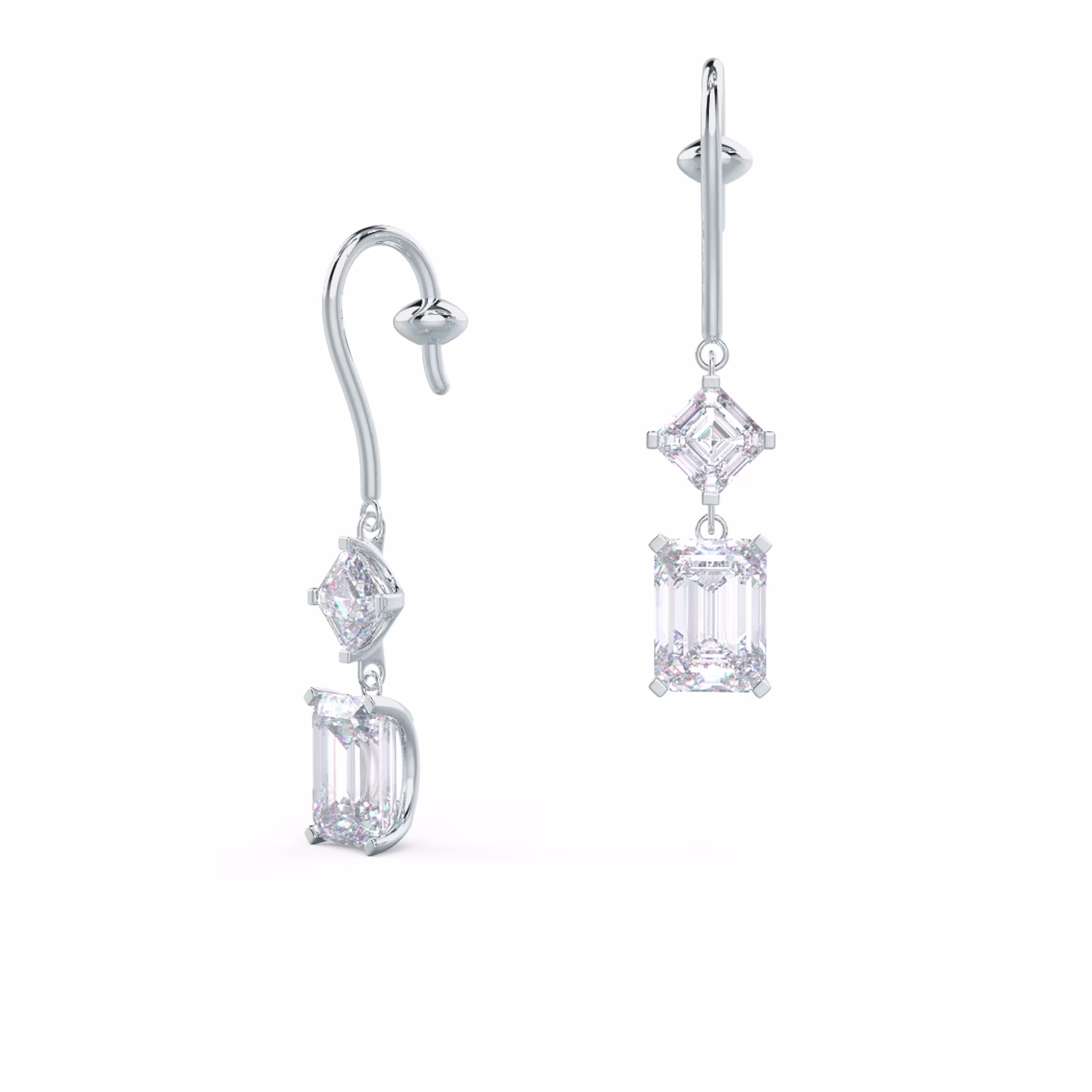 emerald and asscher cut drop earrings in white gold