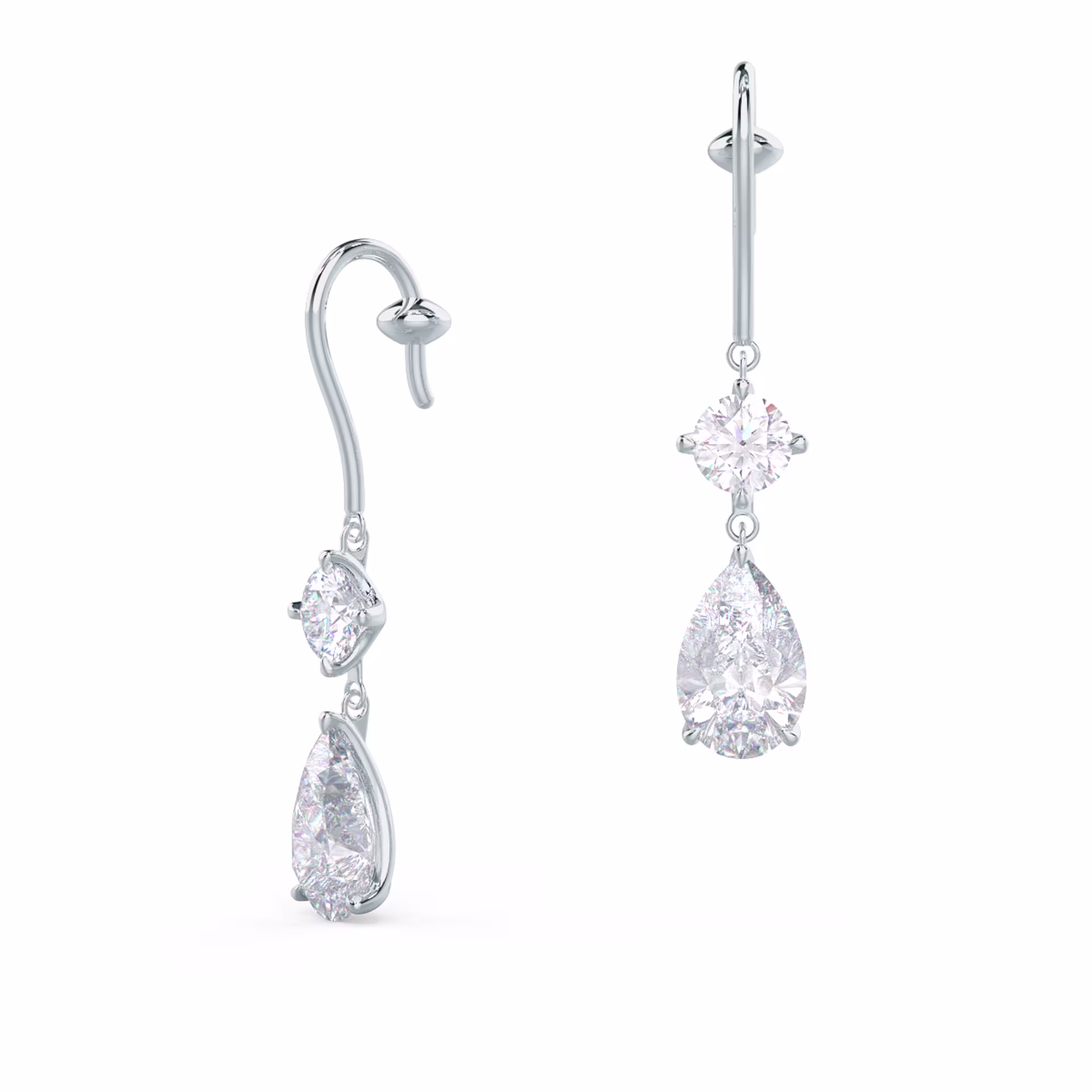 Round and Pear Duet Drop Earrings in 18k White Gold 2.5ctw