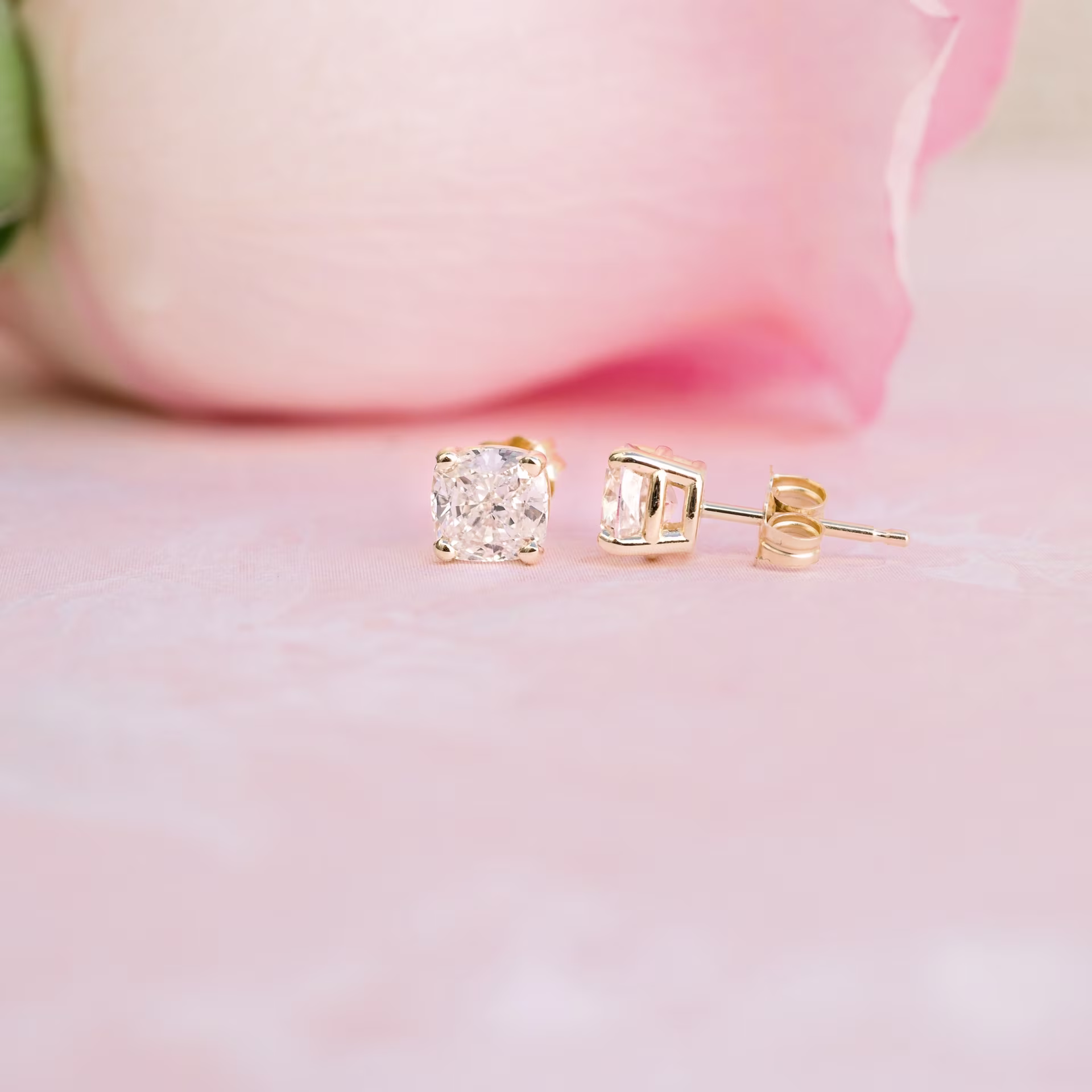 yellow gold cushion cut lab grown diamond stud earrings