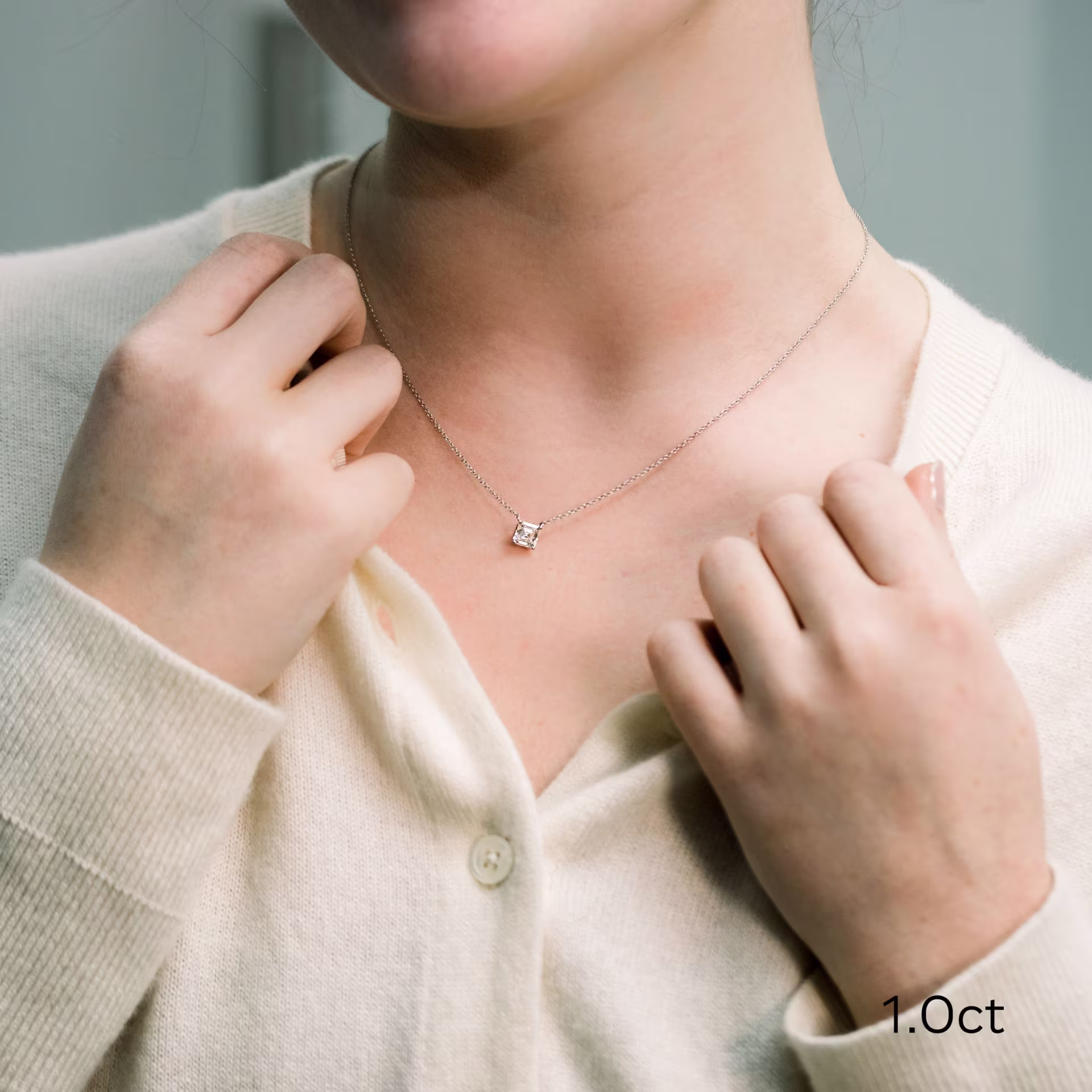 1ct asscher pendant necklace in 18k white gold on model