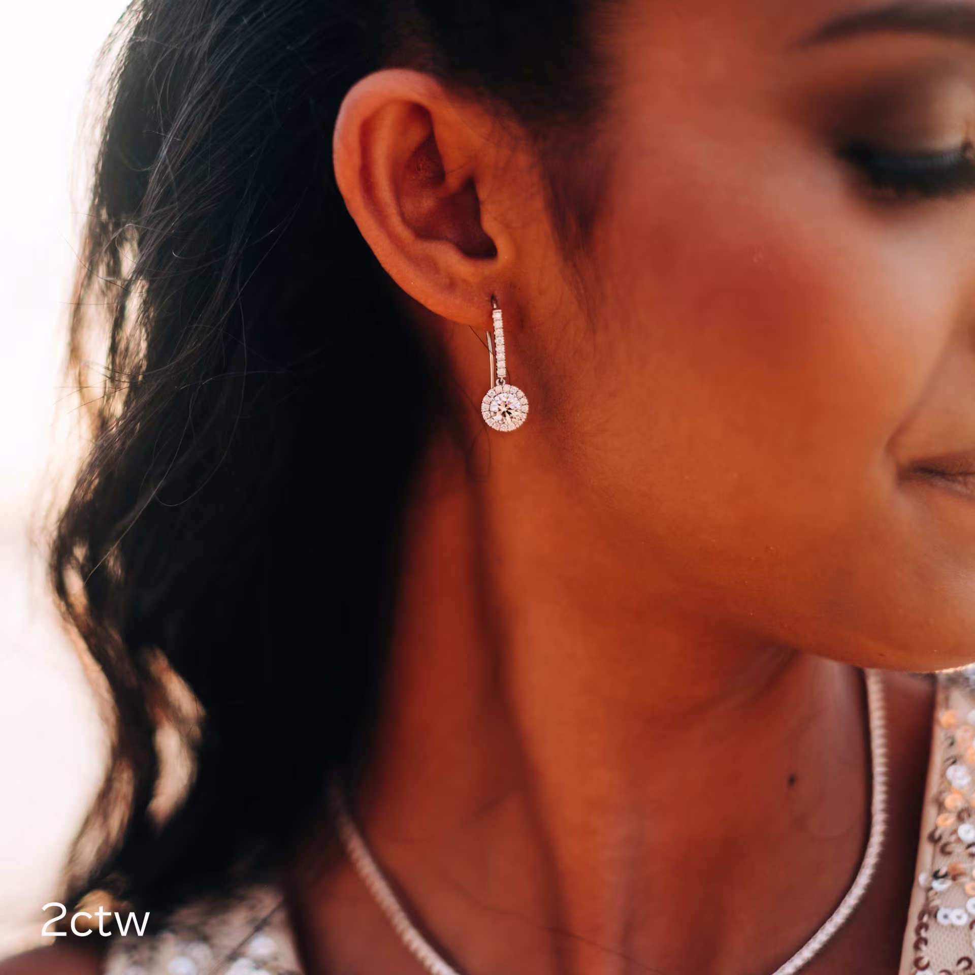 Round Man Made Diamonds set in White Gold Heavenly Single Halo Drop Earrings (Main View)