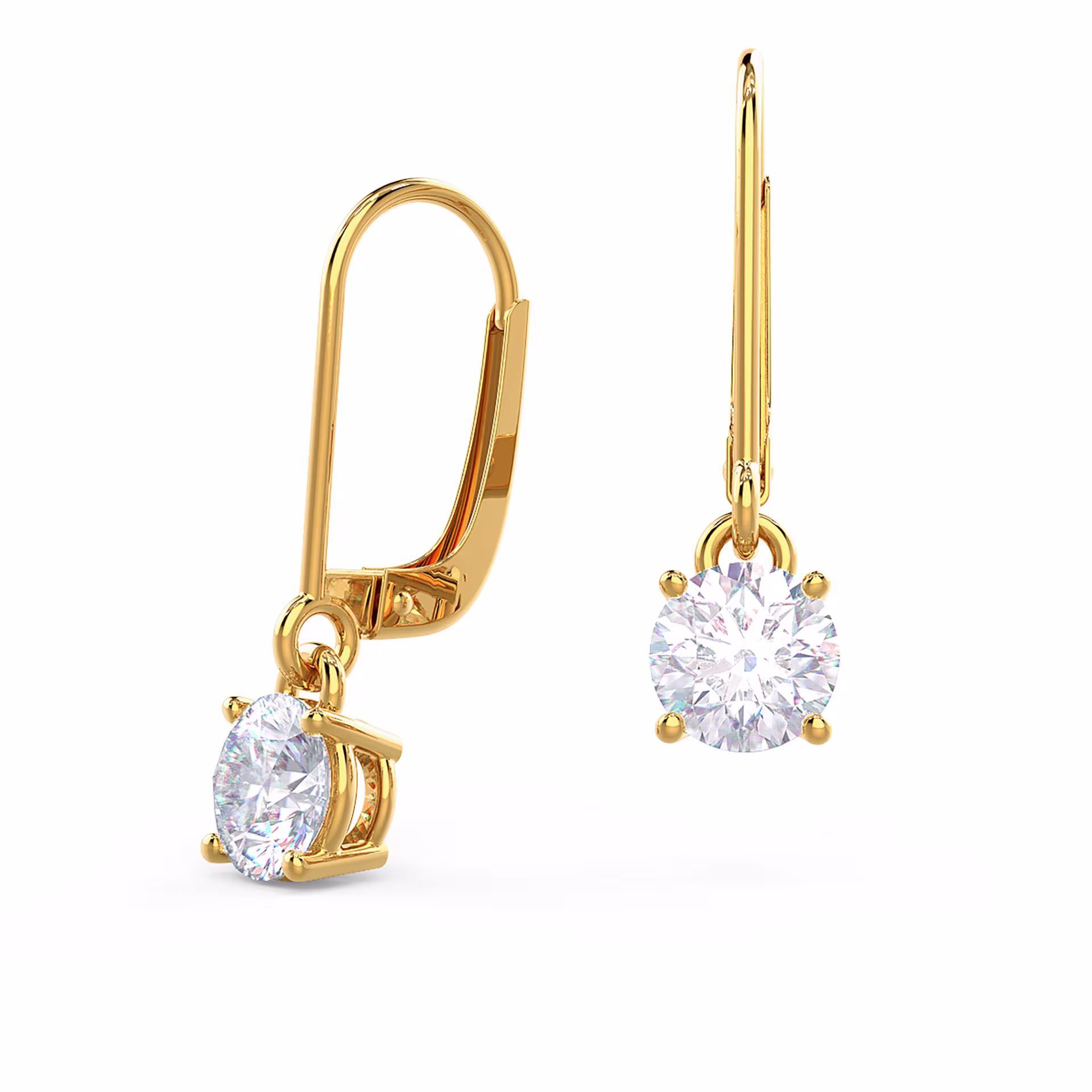High Quality 1.5 Carat Round Brilliant Diamonds set in 14k Yellow Gold Four Prong Drop Earrings (Main View)