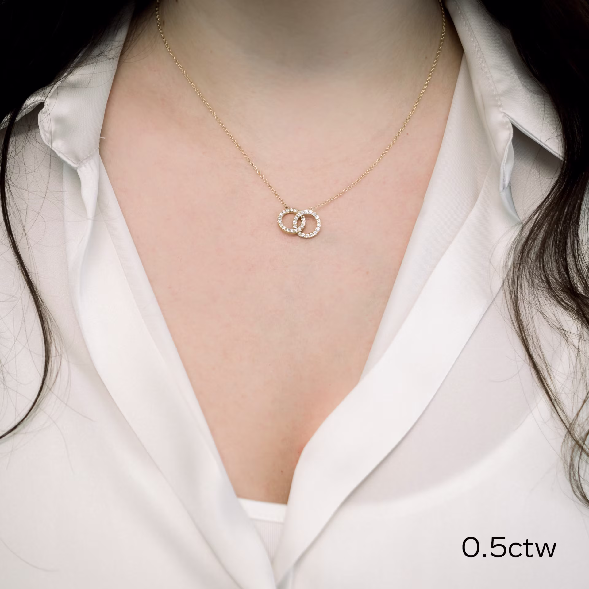 lab diamond double circle karma fashion necklace yellow gold on model ada diamonds design ad 034