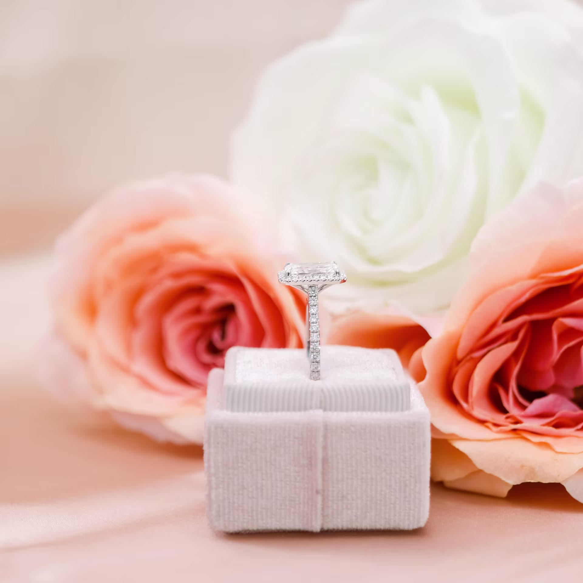 Platinum Radiant Halo Pavé Setting featuring 2.5 Carat Lab Diamonds (Side View)