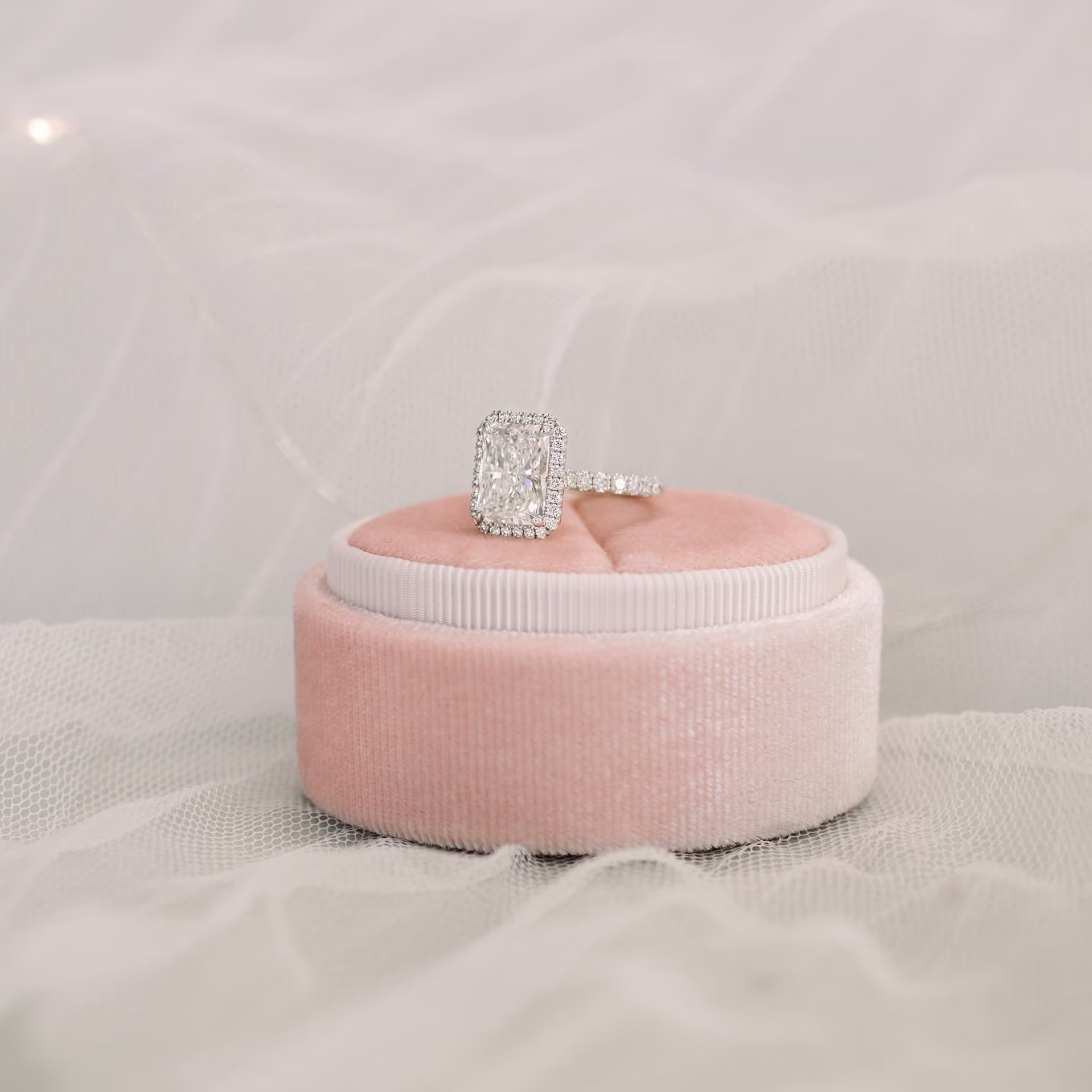 Platinum Radiant Halo Pavé Setting featuring Exceptional Quality 3.0 Carat Lab Diamonds (Side View)