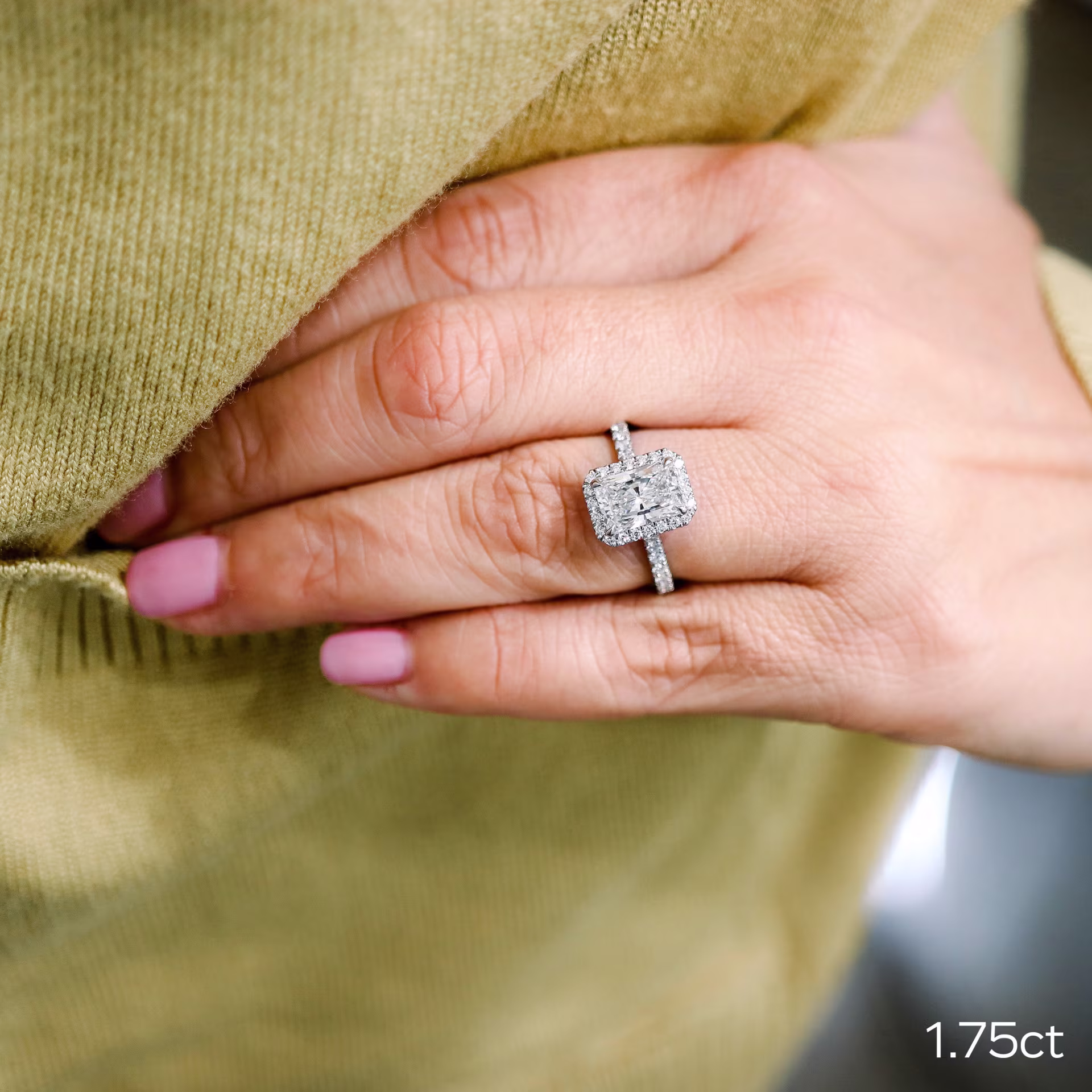 Platinum Radiant Halo Pavé Diamond Engagement Ring featuring Hand Selected 1.75 ct Diamonds (Main View)