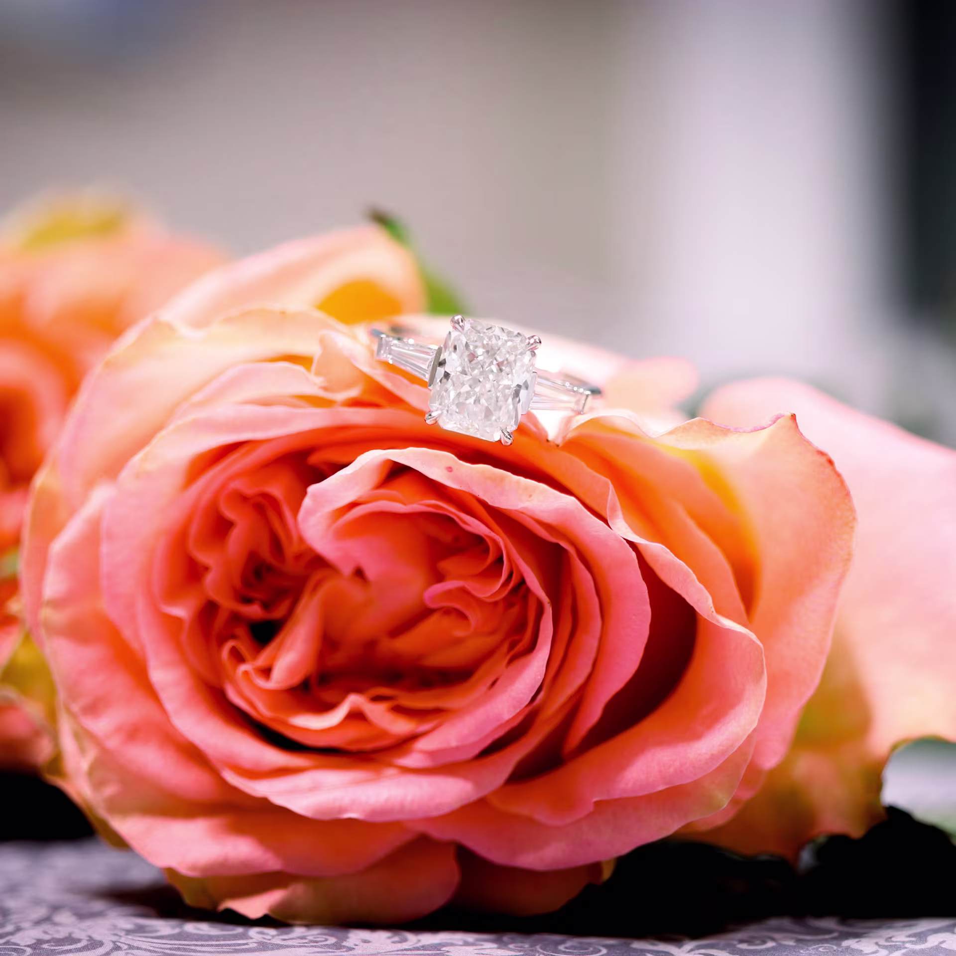 custom platinum 2.5ct lab grown radiant cut diamond ring with baguette side stones