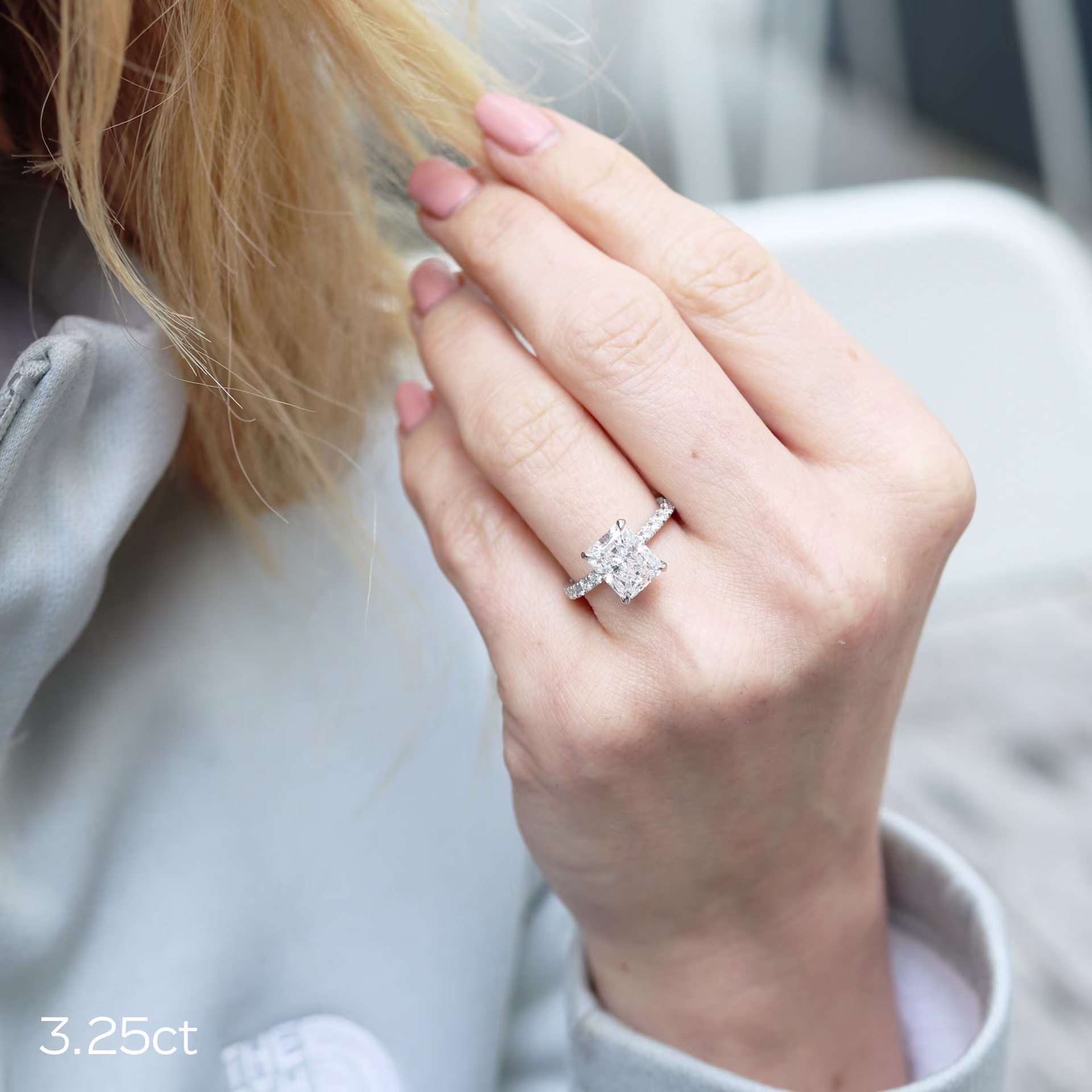 Platinum Three Carat  Radiant Cut Classic Pavé Lab Diamond Ring Ada Diamonds Design AD-352 on Model