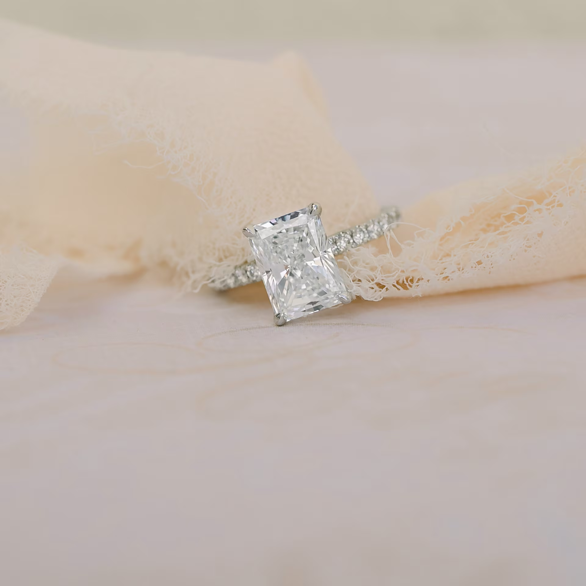 Platinum 3 Carat Radiant Classic Pavé Engagement Ring with Lab Diamonds Ada Diamonds Design AD-352 Macro