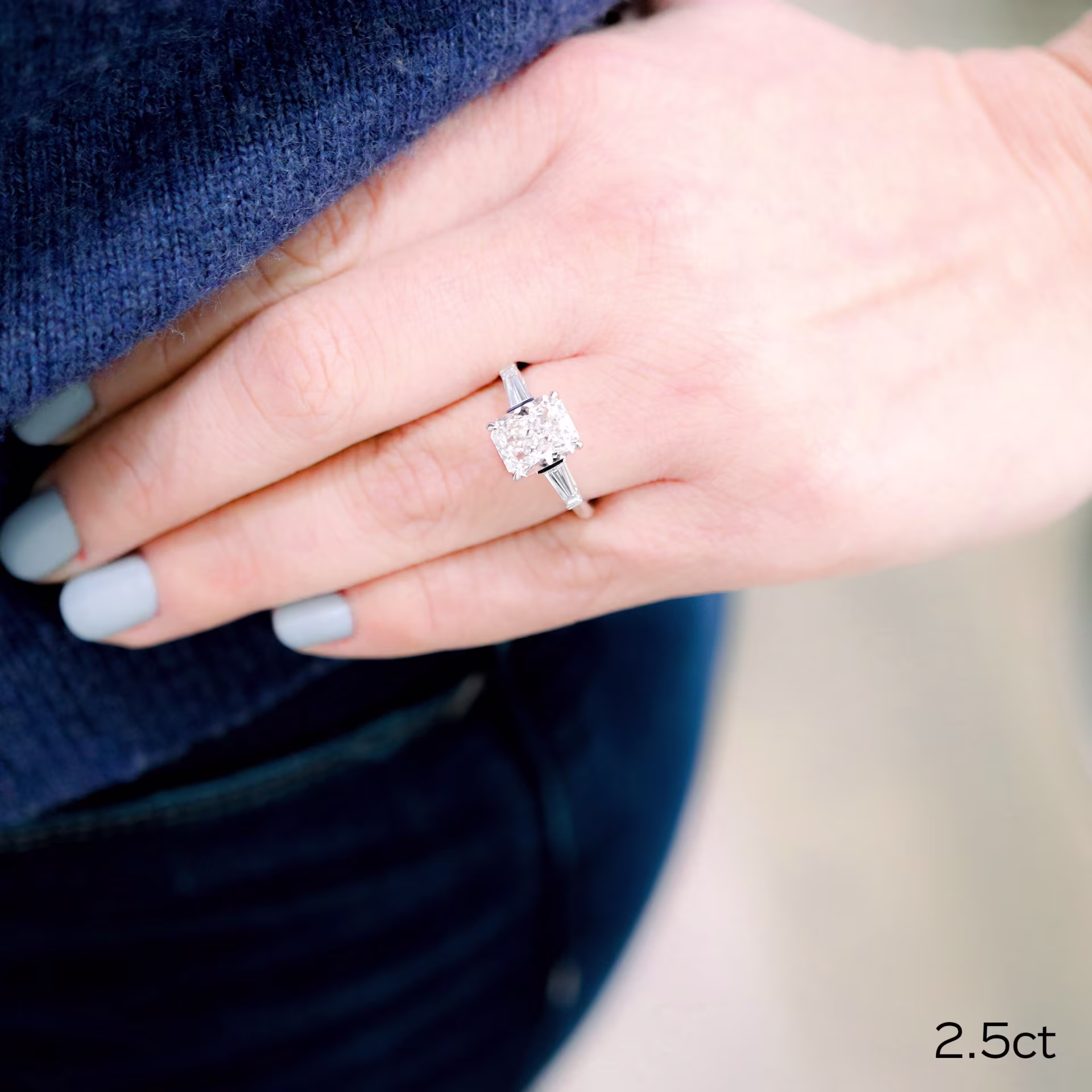 platinum 2.5ct radiant cut lab diamond with baguette side stones